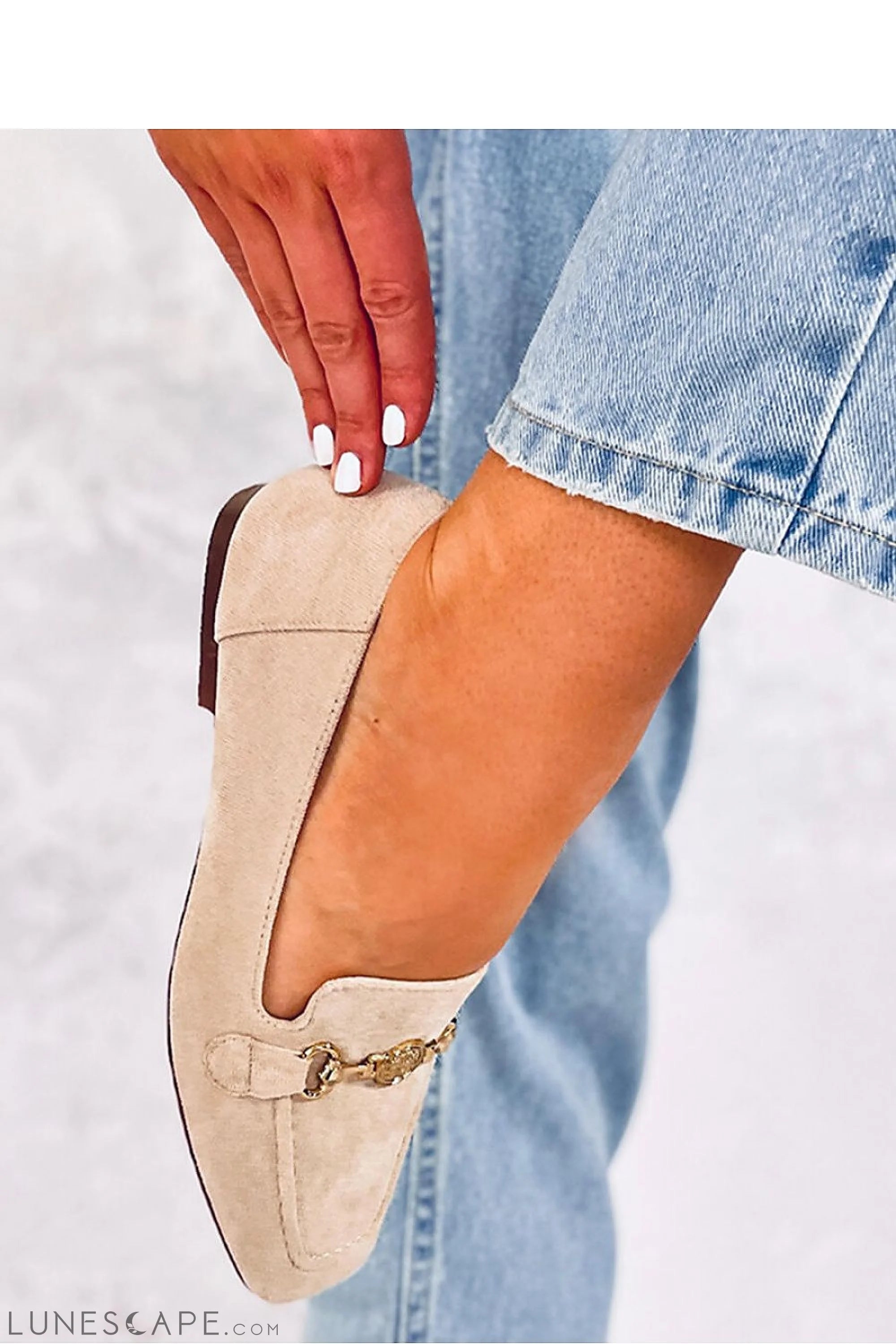 Beige Eco-Suede Loafers for Women – Almond Toe with Gold Crest Bit Accent LUNESCAPE