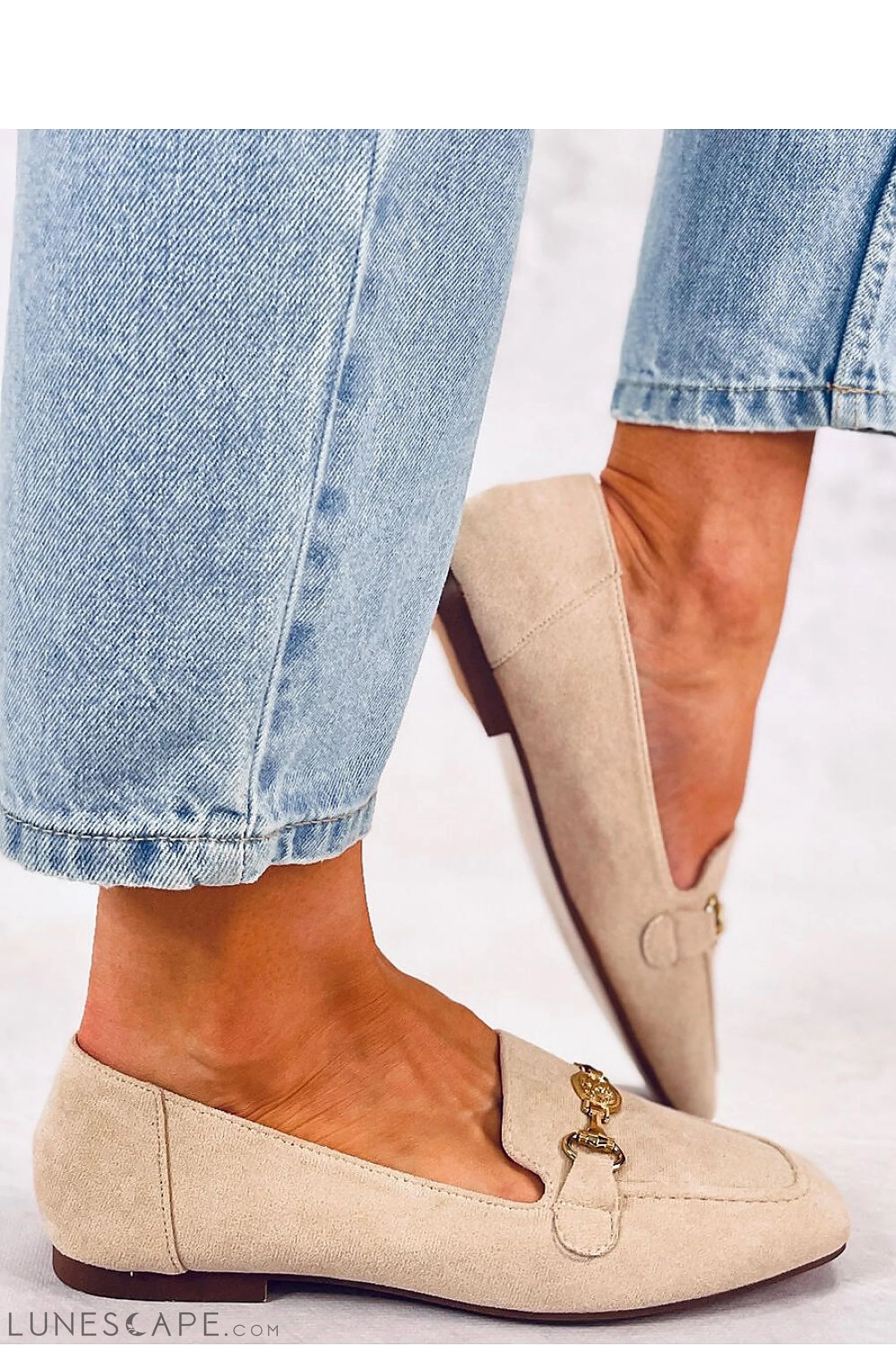 Beige Eco-Suede Loafers for Women – Almond Toe with Gold Crest Bit Accent LUNESCAPE