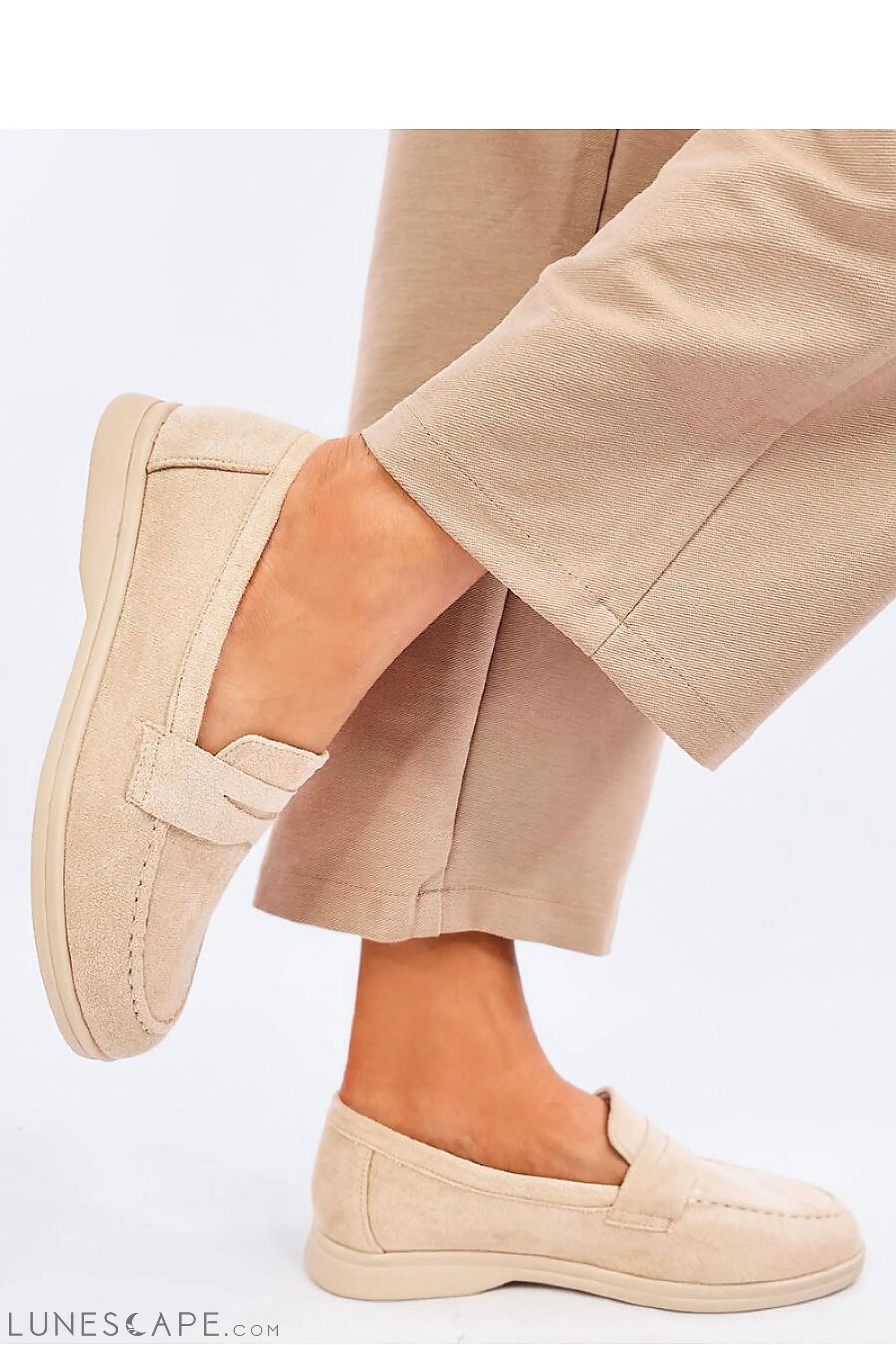 Beige Eco-Suede Loafers for Women – Almond Toe with Penny Strap Detail LUNESCAPE