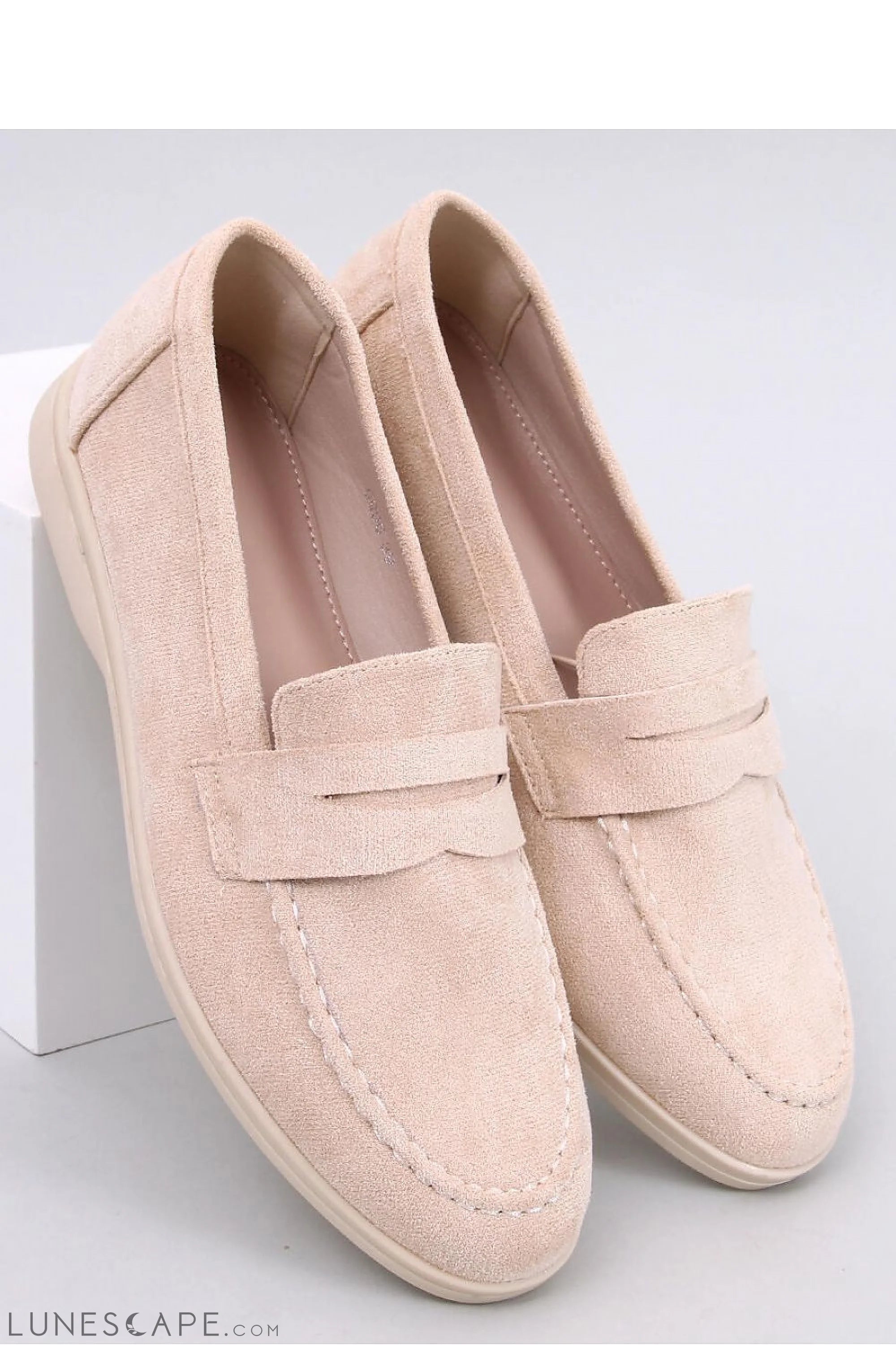 Beige Eco-Suede Loafers for Women – Almond Toe with Penny Strap Detail LUNESCAPE