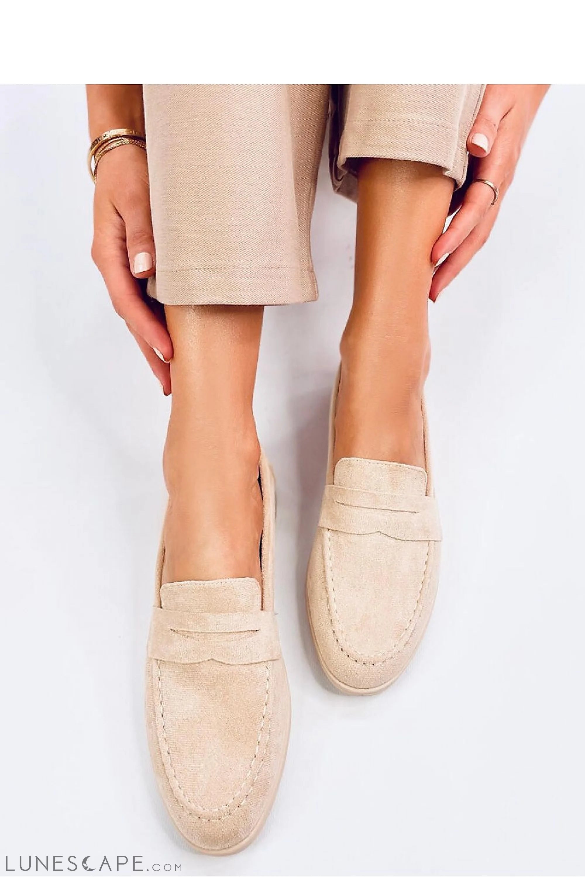 Beige Eco-Suede Loafers for Women – Almond Toe with Penny Strap Detail LUNESCAPE