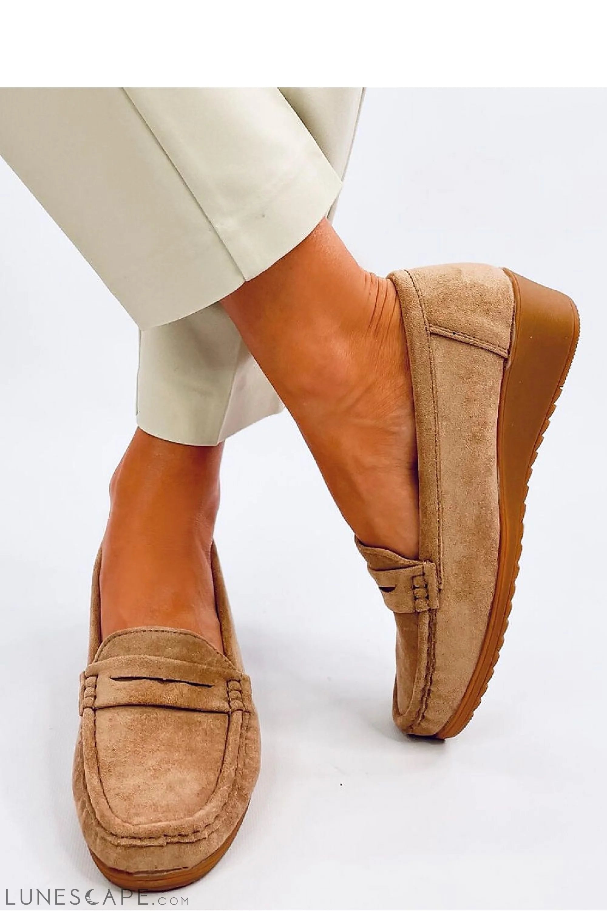 Beige Eco-Suede Loafers for Women – Almond Toe with Wedge Sole LUNESCAPE
