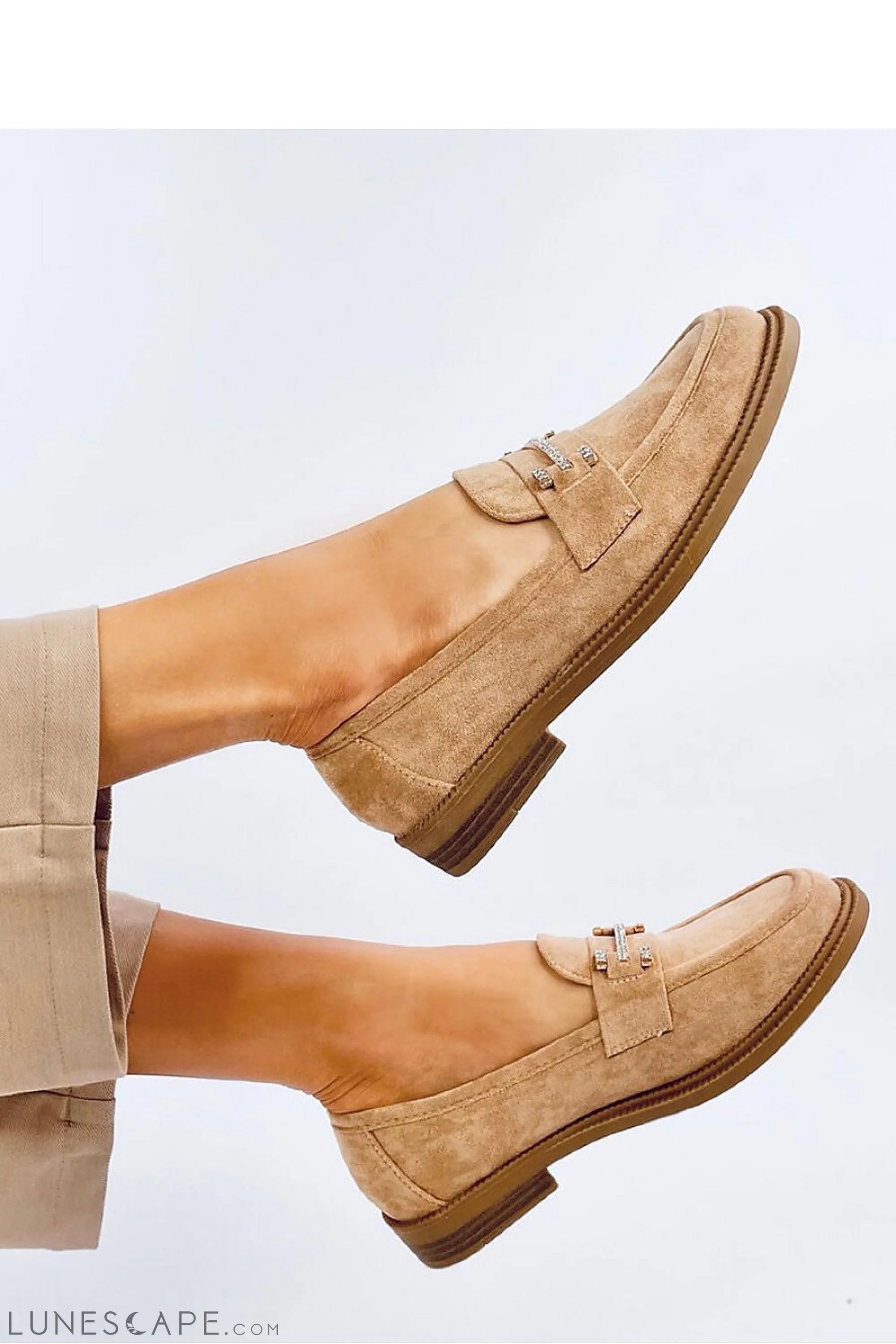 Beige Eco-Suede Women’s Loafers with Crystal-Studded Penny Bar LUNESCAPE