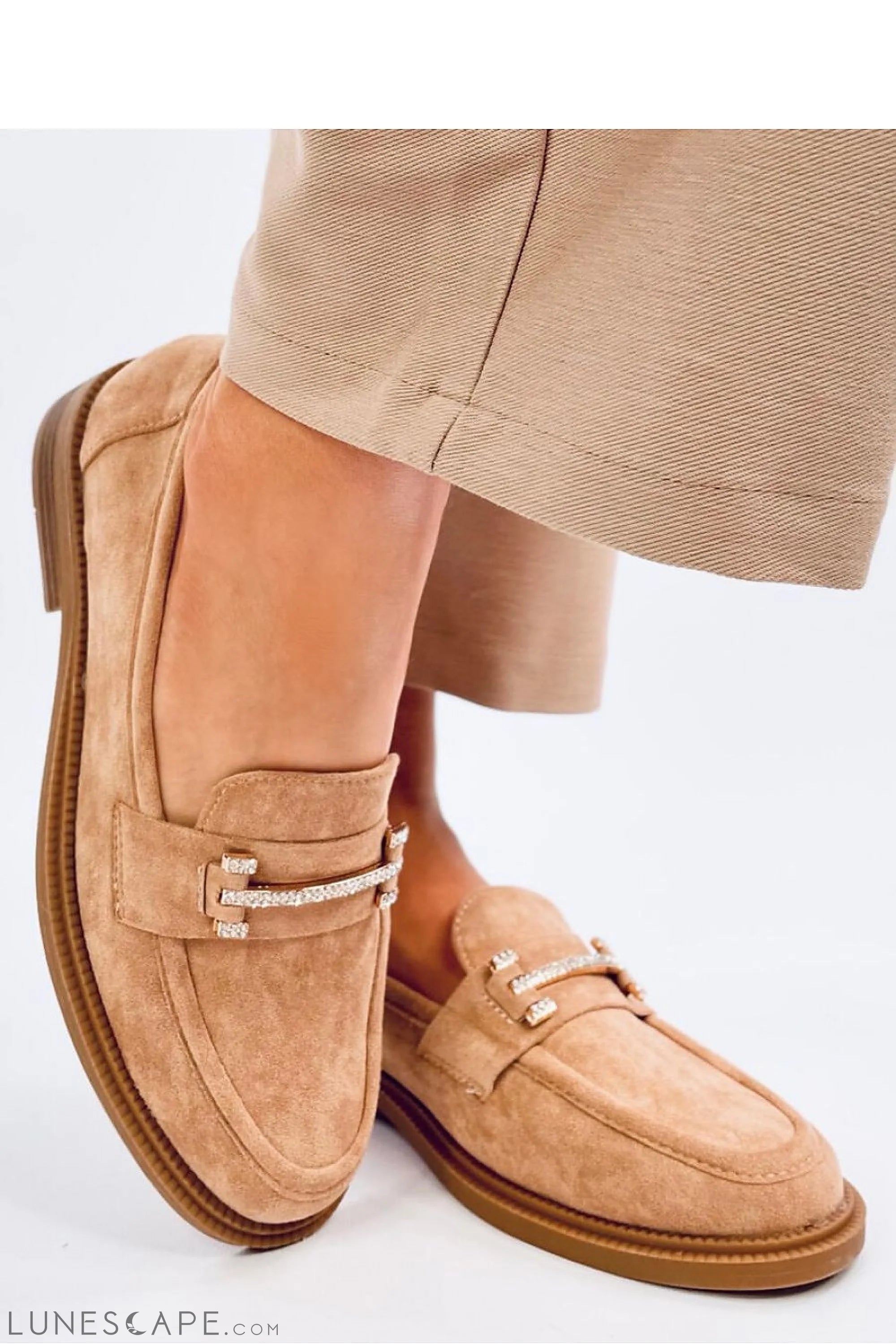 Beige Eco-Suede Women’s Loafers with Crystal-Studded Penny Bar LUNESCAPE