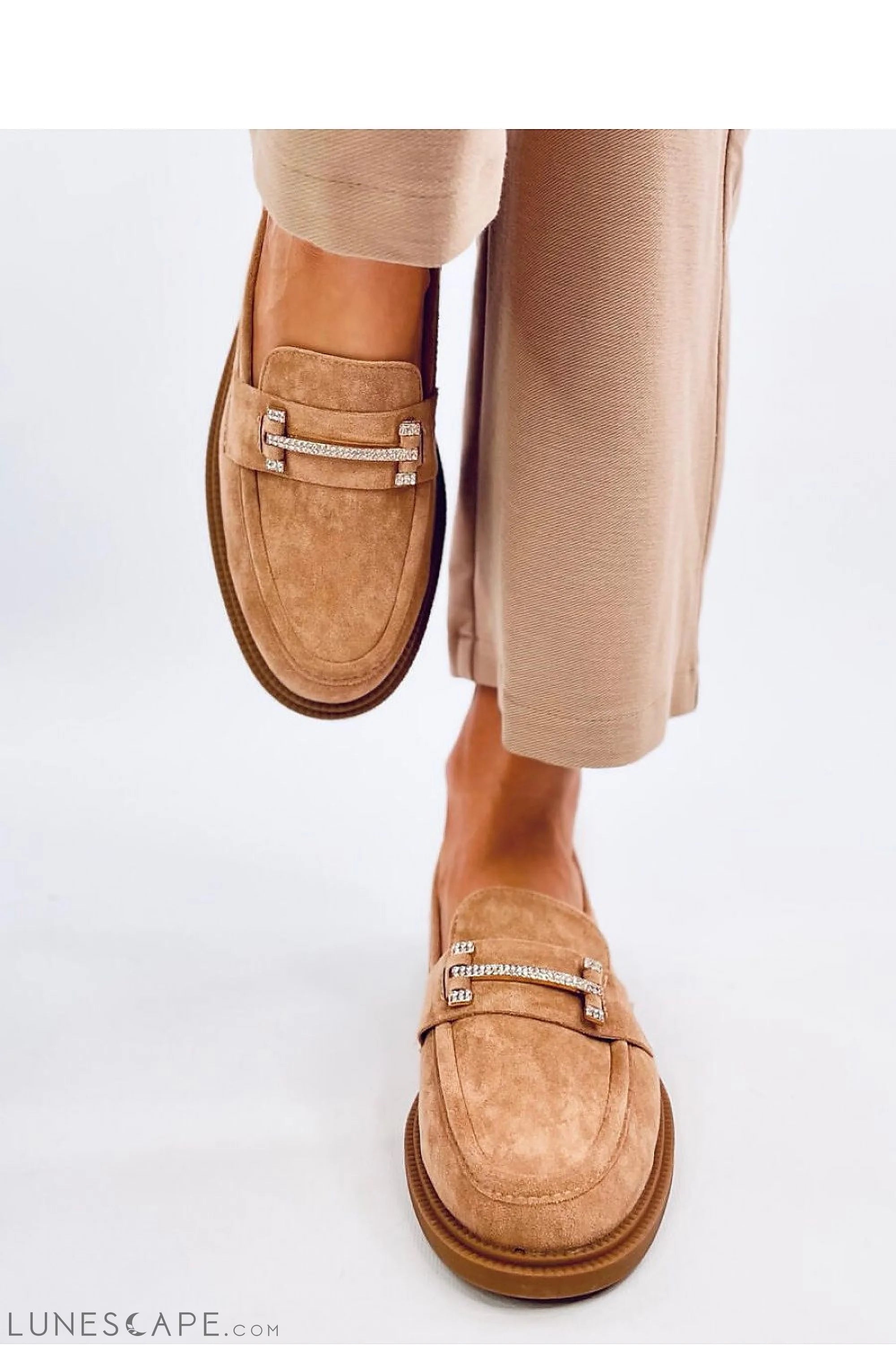 Beige Eco-Suede Women’s Loafers with Crystal-Studded Penny Bar LUNESCAPE