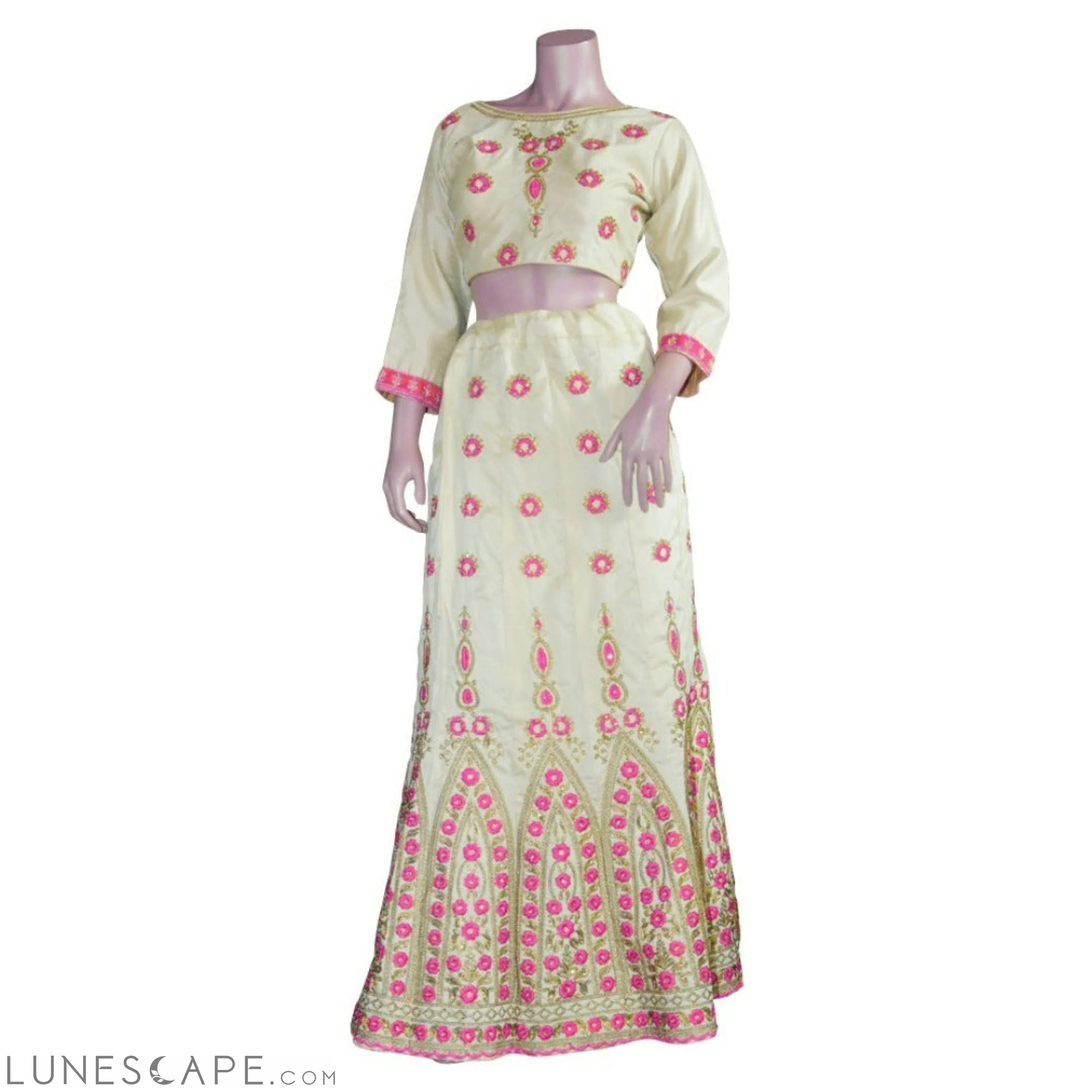 Beige Embroidered Lehenga With Orange or Pink Embroidery and Contrast Duppatta LUNESCAPE