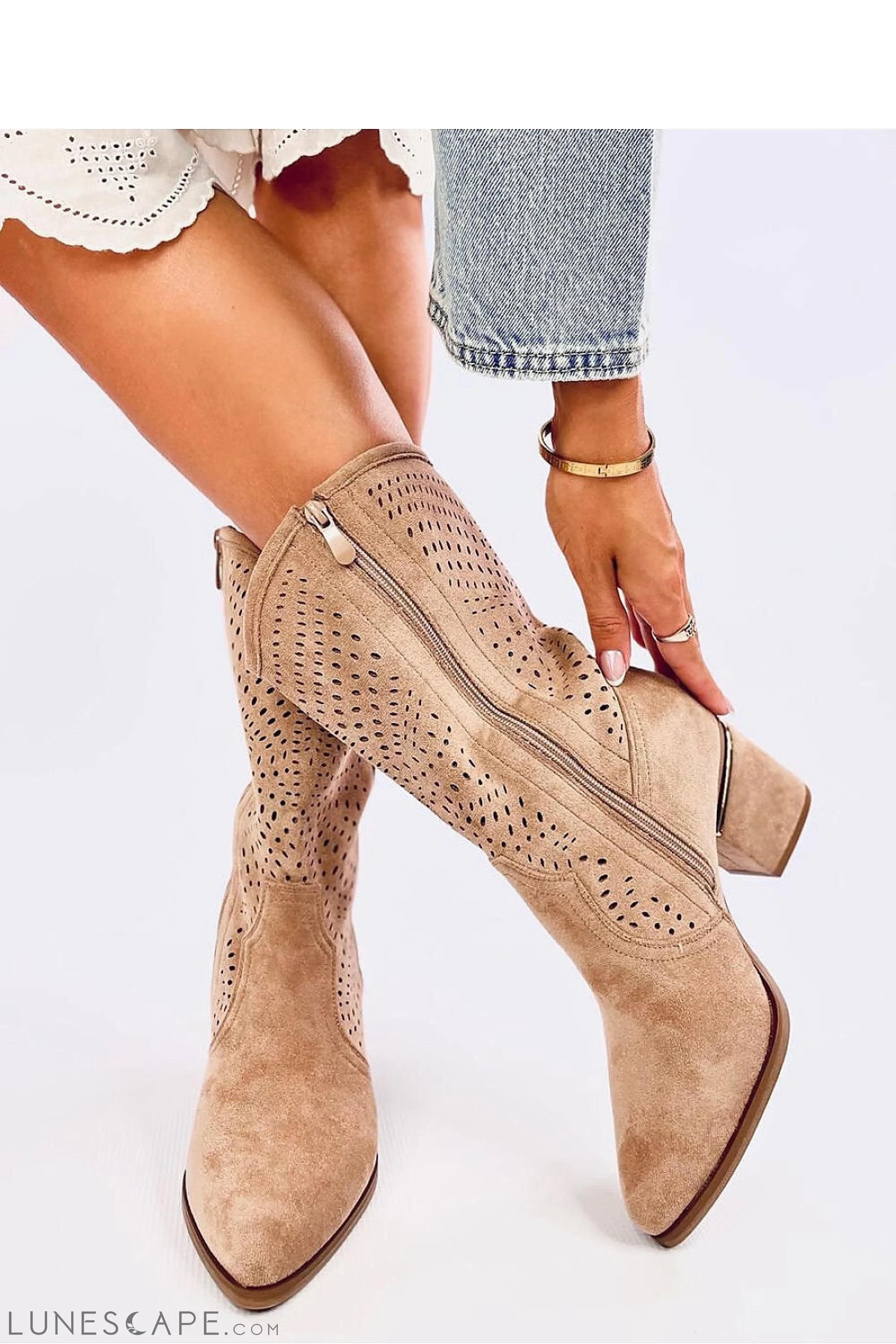 Beige Mid-Calf Western Boots in Soft Suede with Exquisite Openwork & Block Heel LUNESCAPE