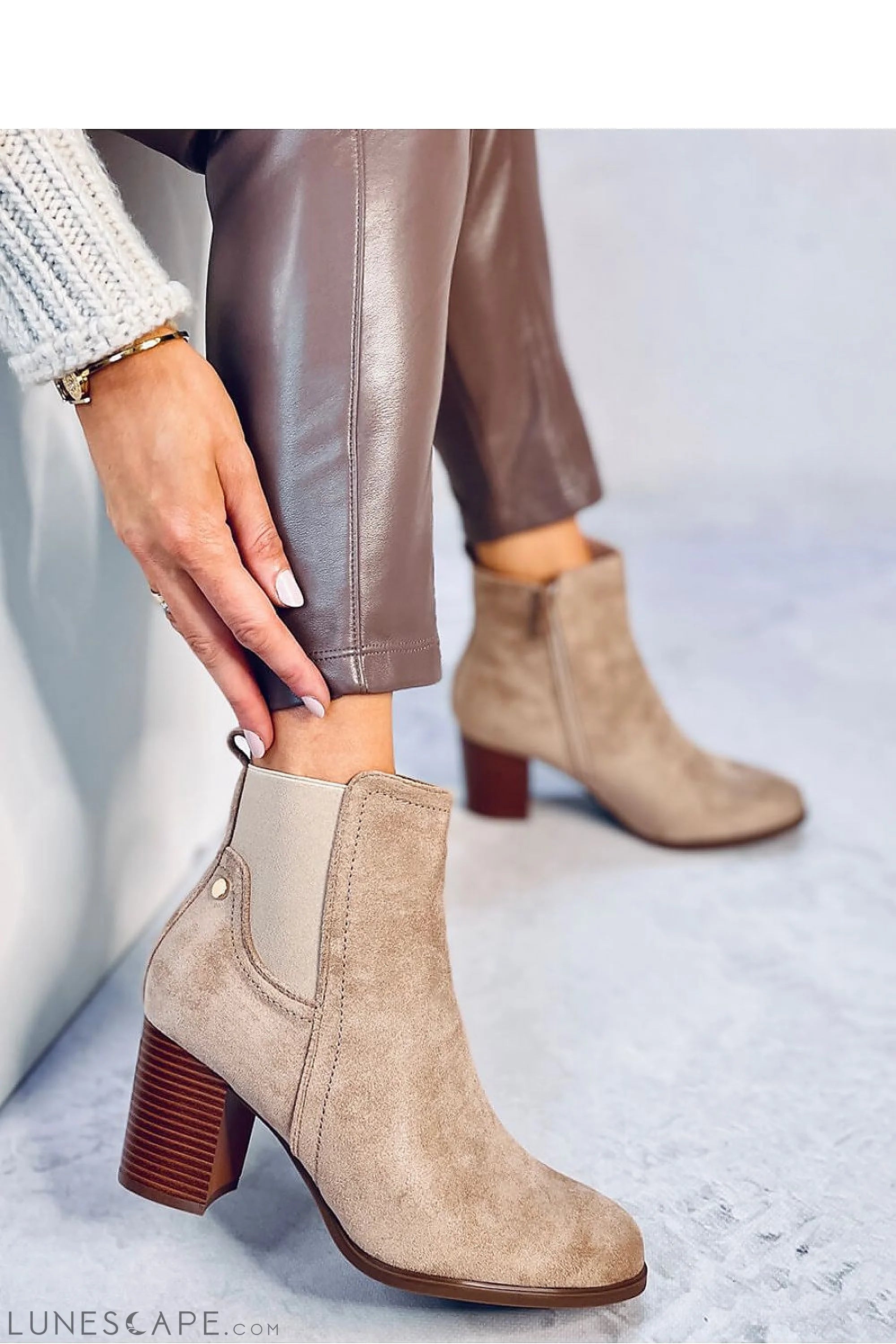 Beige Nubuck Chelsea Boots with Stacked Mid Block Heel & Tonal Stretch Panels LUNESCAPE