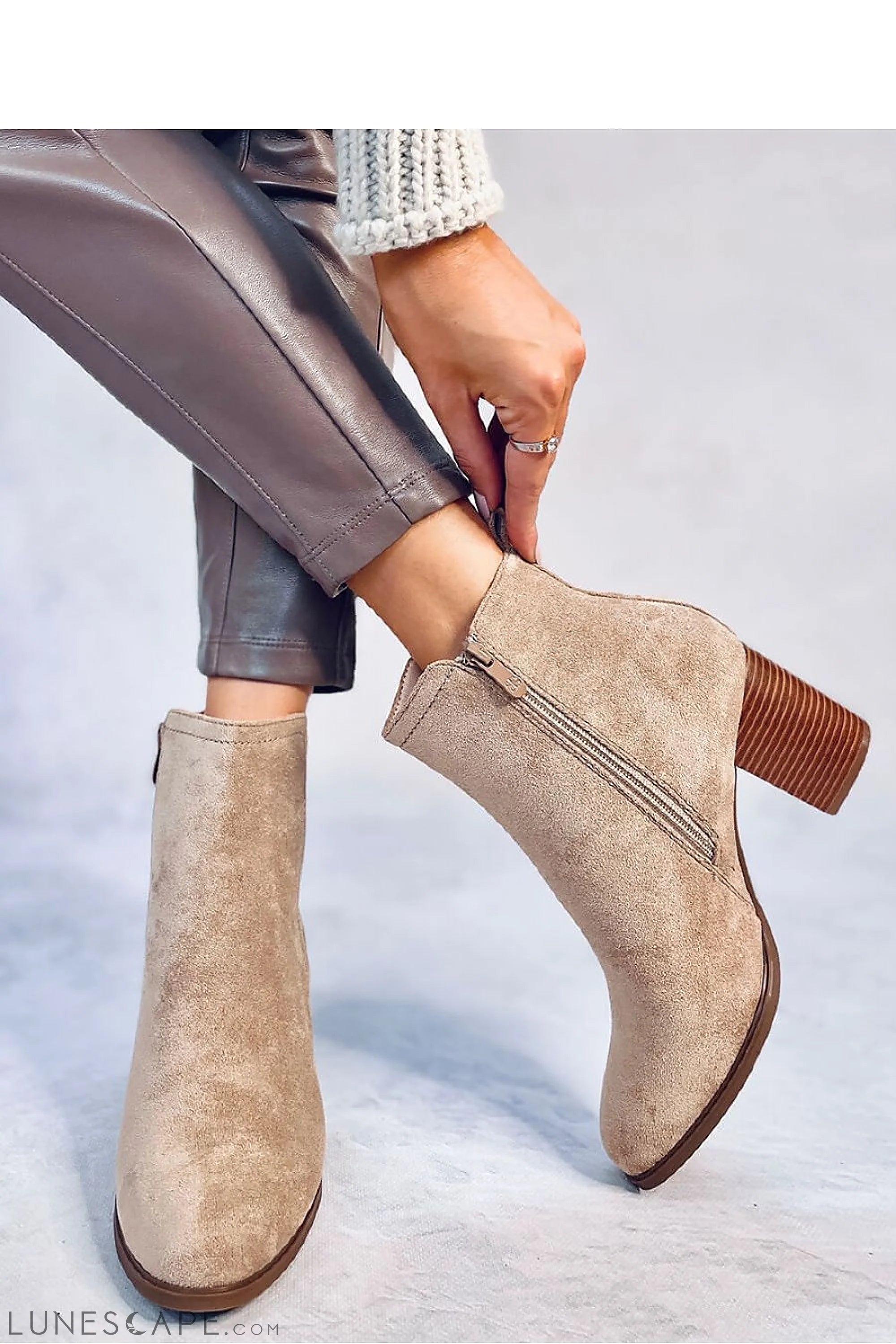 Beige Nubuck Chelsea Boots with Stacked Mid Block Heel & Tonal Stretch Panels LUNESCAPE