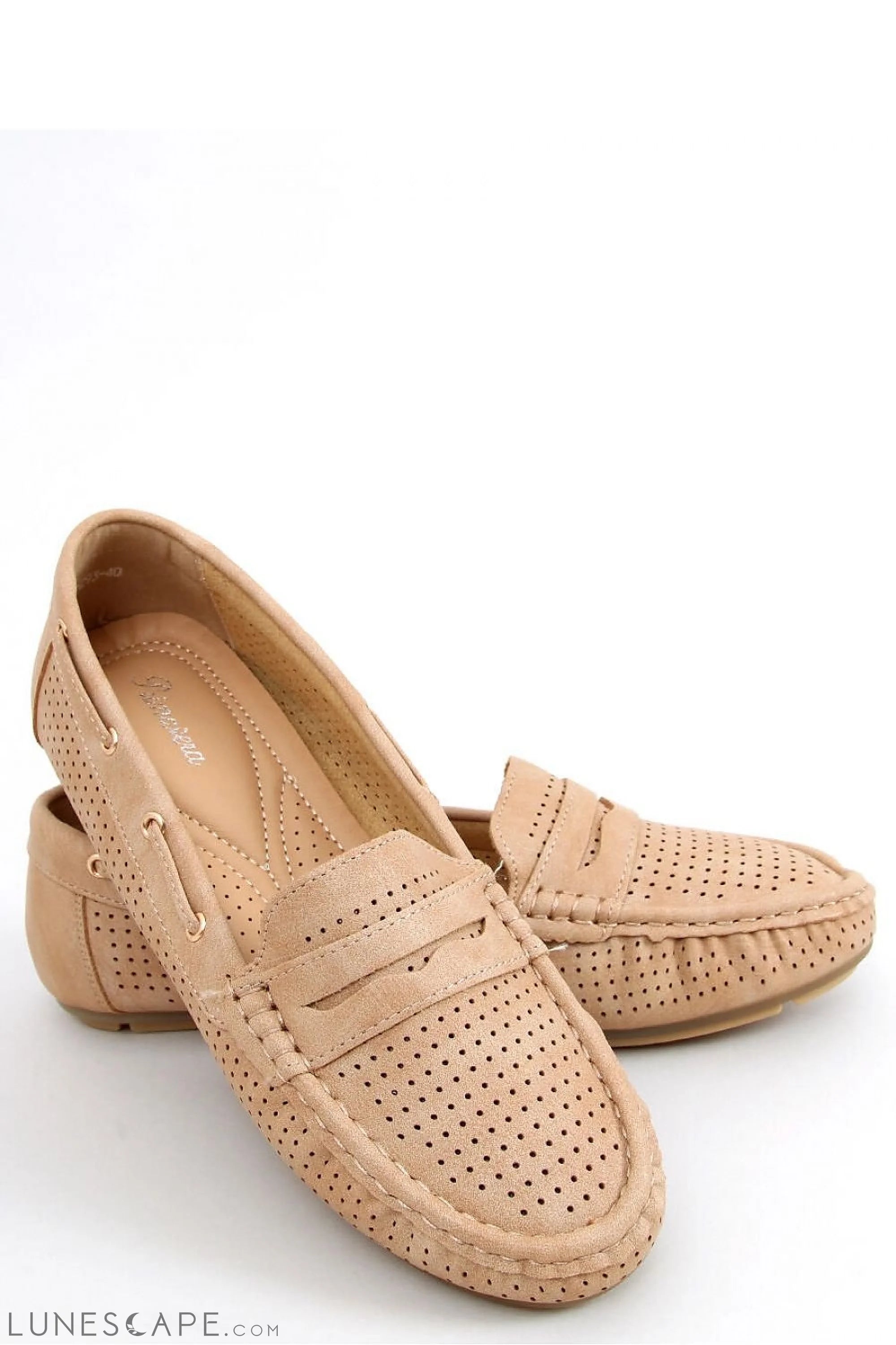 Beige Perforated Suede Loafers – Women's Round Toe with Contrast Stitching LUNESCAPE