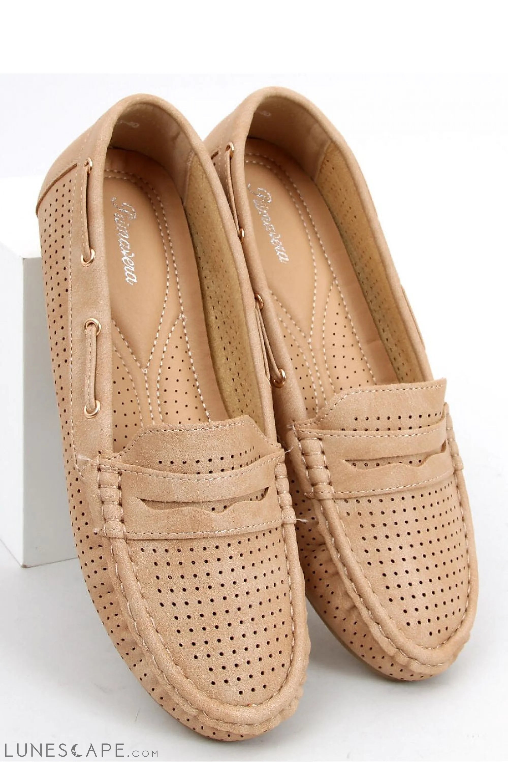 Beige Perforated Suede Loafers – Women's Round Toe with Contrast Stitching LUNESCAPE