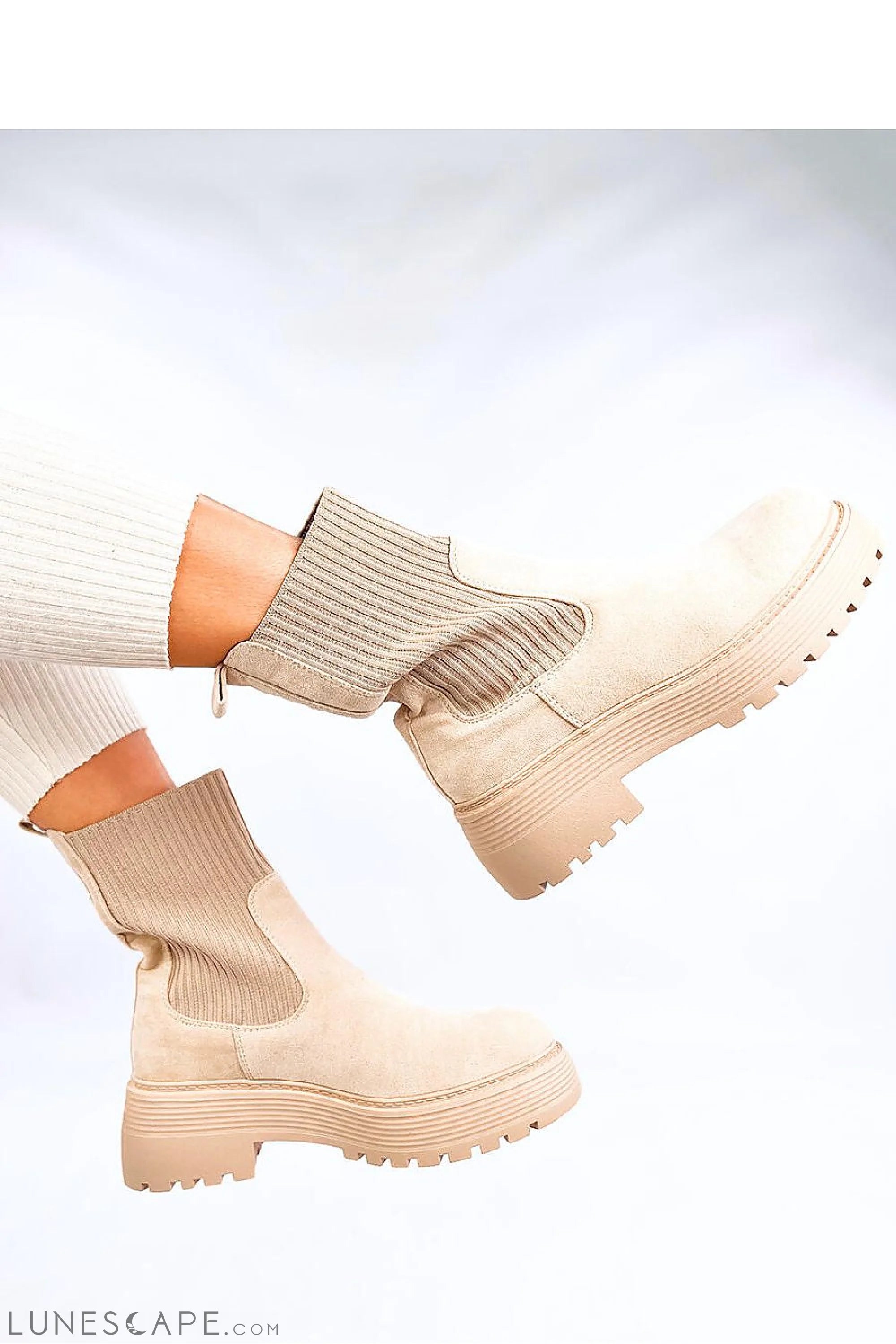 Beige Suede Chelsea Boots with Ribbed Elastic Panels and Lug Sole LUNESCAPE