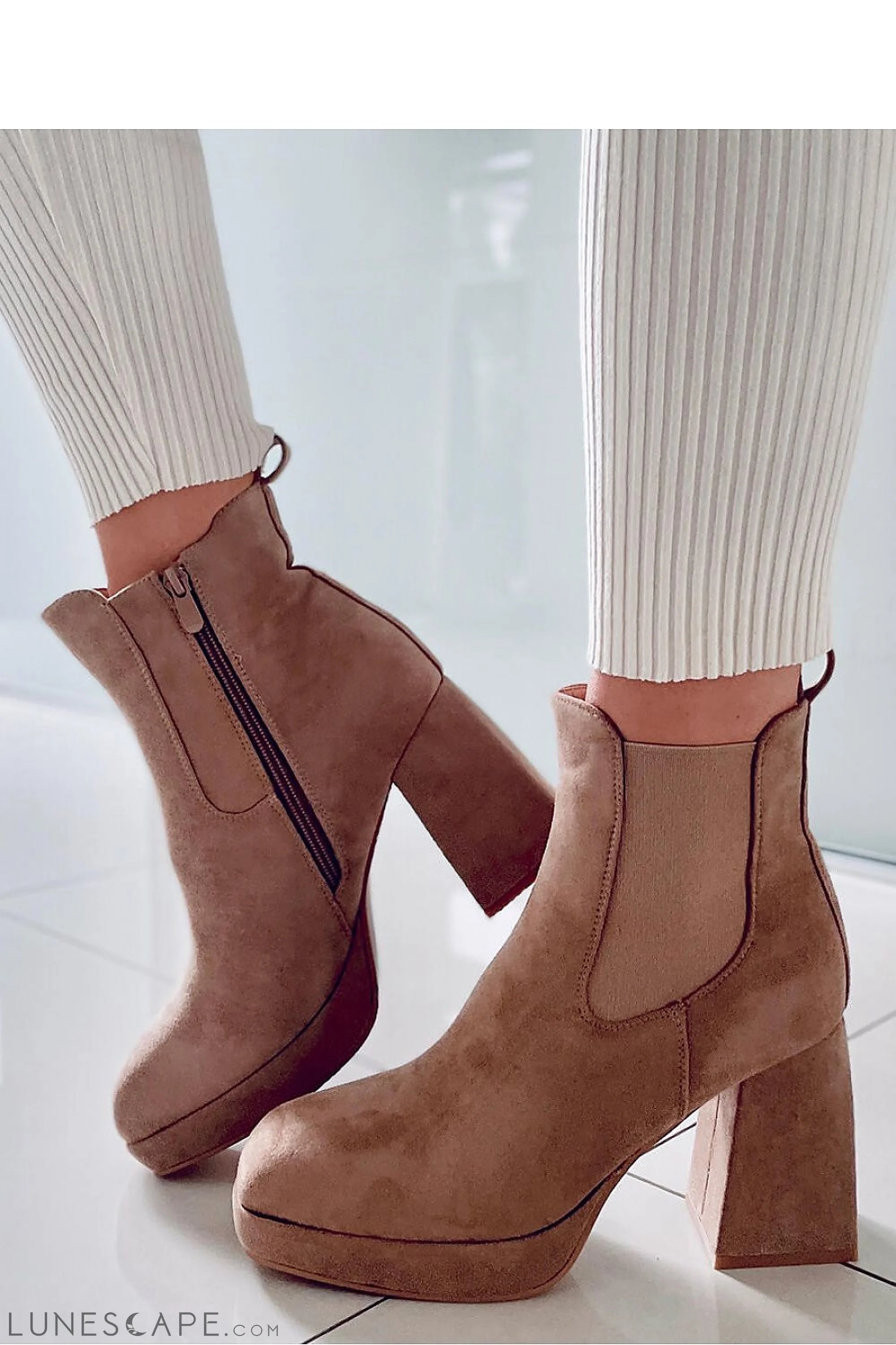 Beige Suede Platform Chelsea Boots with Covered Block Heel LUNESCAPE