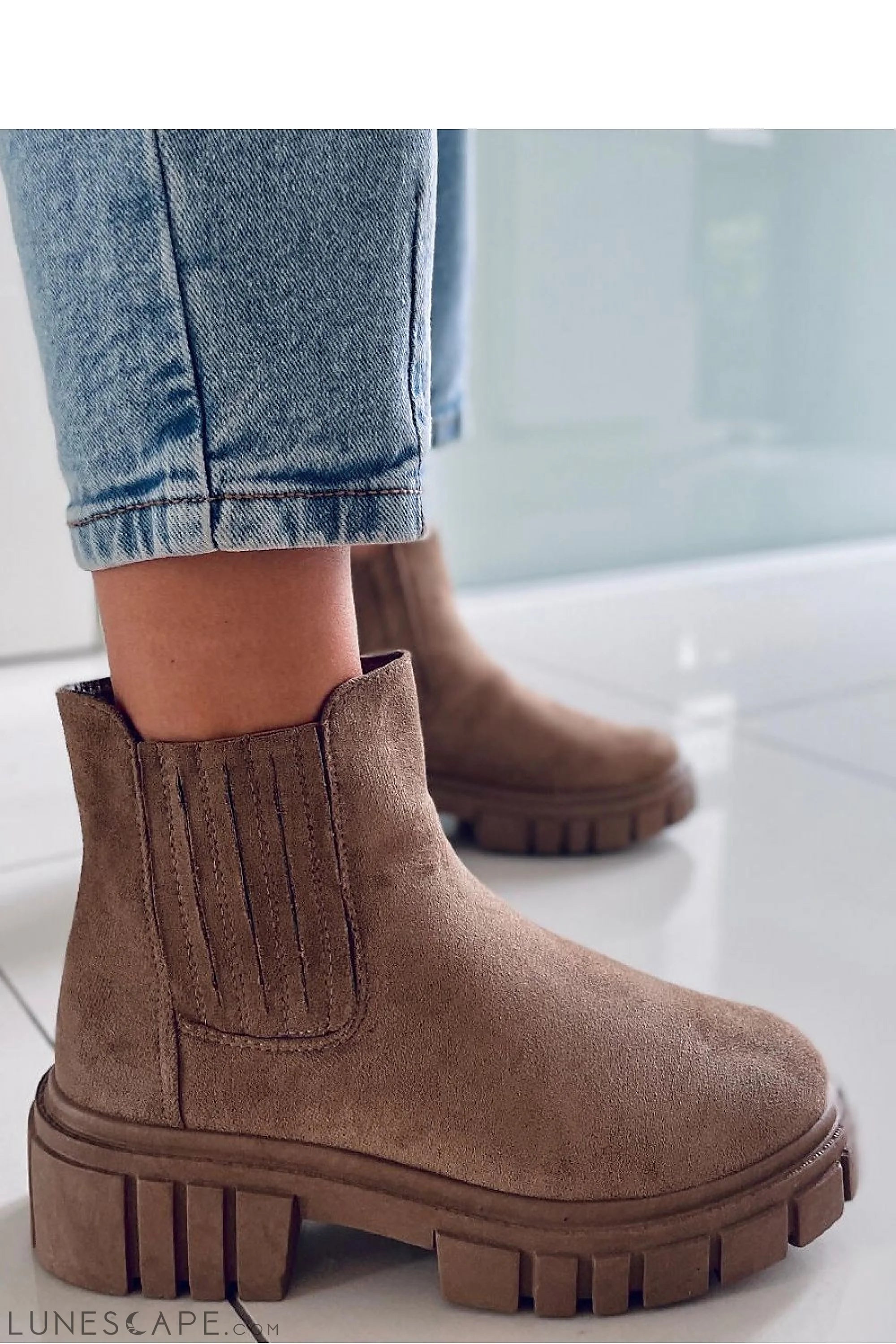 Beige Utilitarian Chelsea Boots with Lug Sole LUNESCAPE