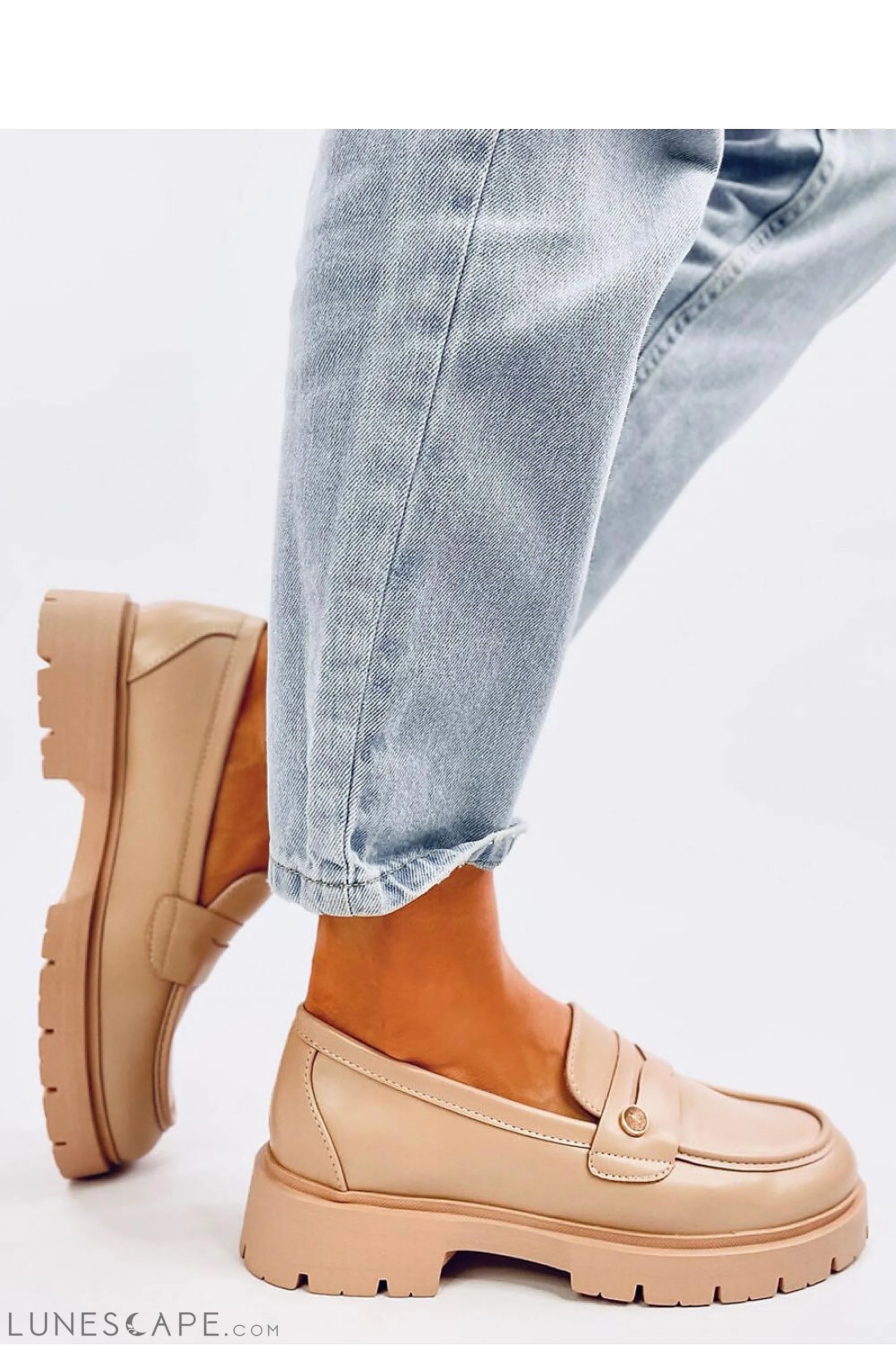 Beige Vegan Leather Chunky Penny Loafers for Women – Moc Toe with Lug Sole LUNESCAPE
