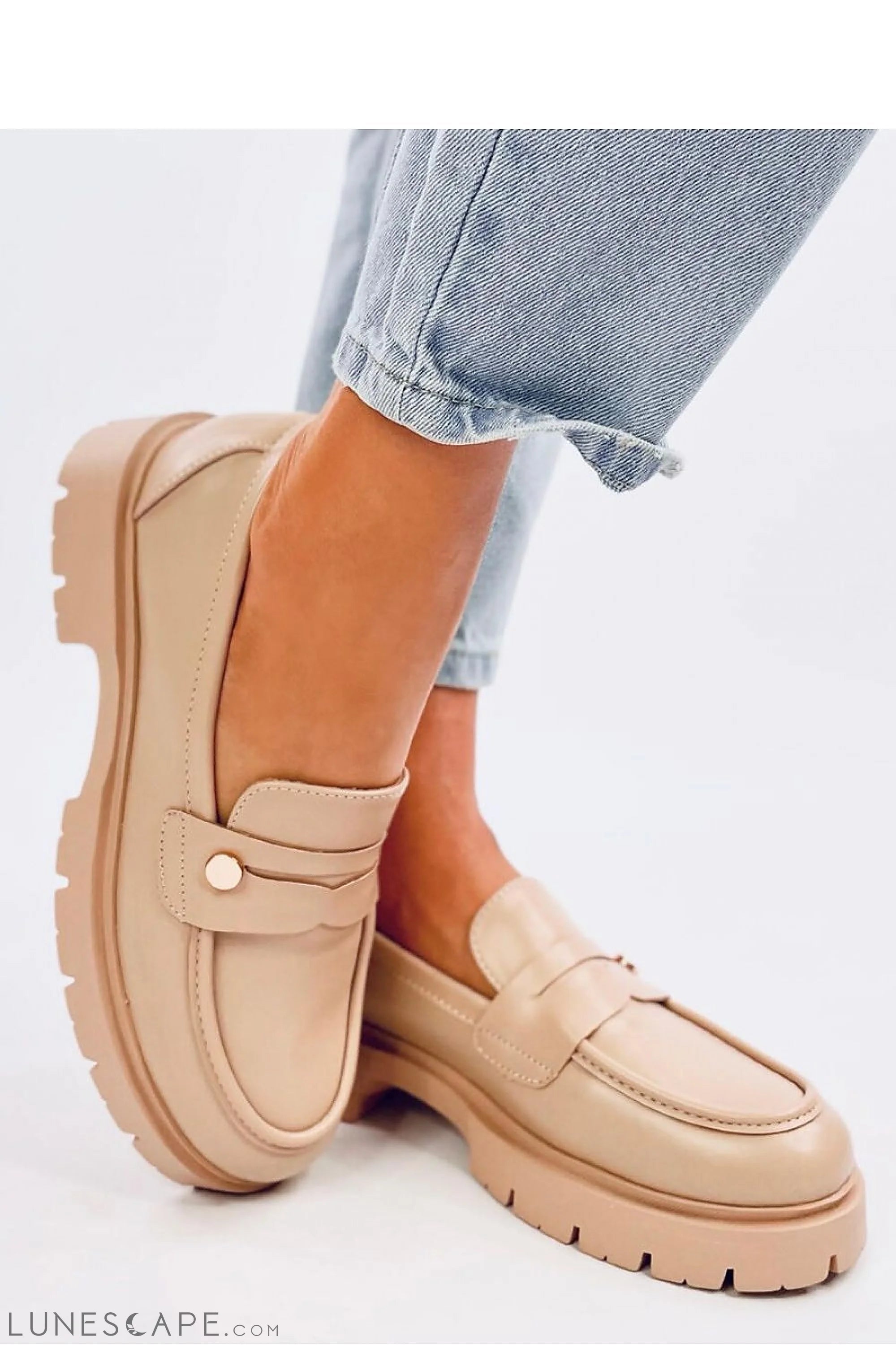 Beige Vegan Leather Chunky Penny Loafers for Women – Moc Toe with Lug Sole LUNESCAPE