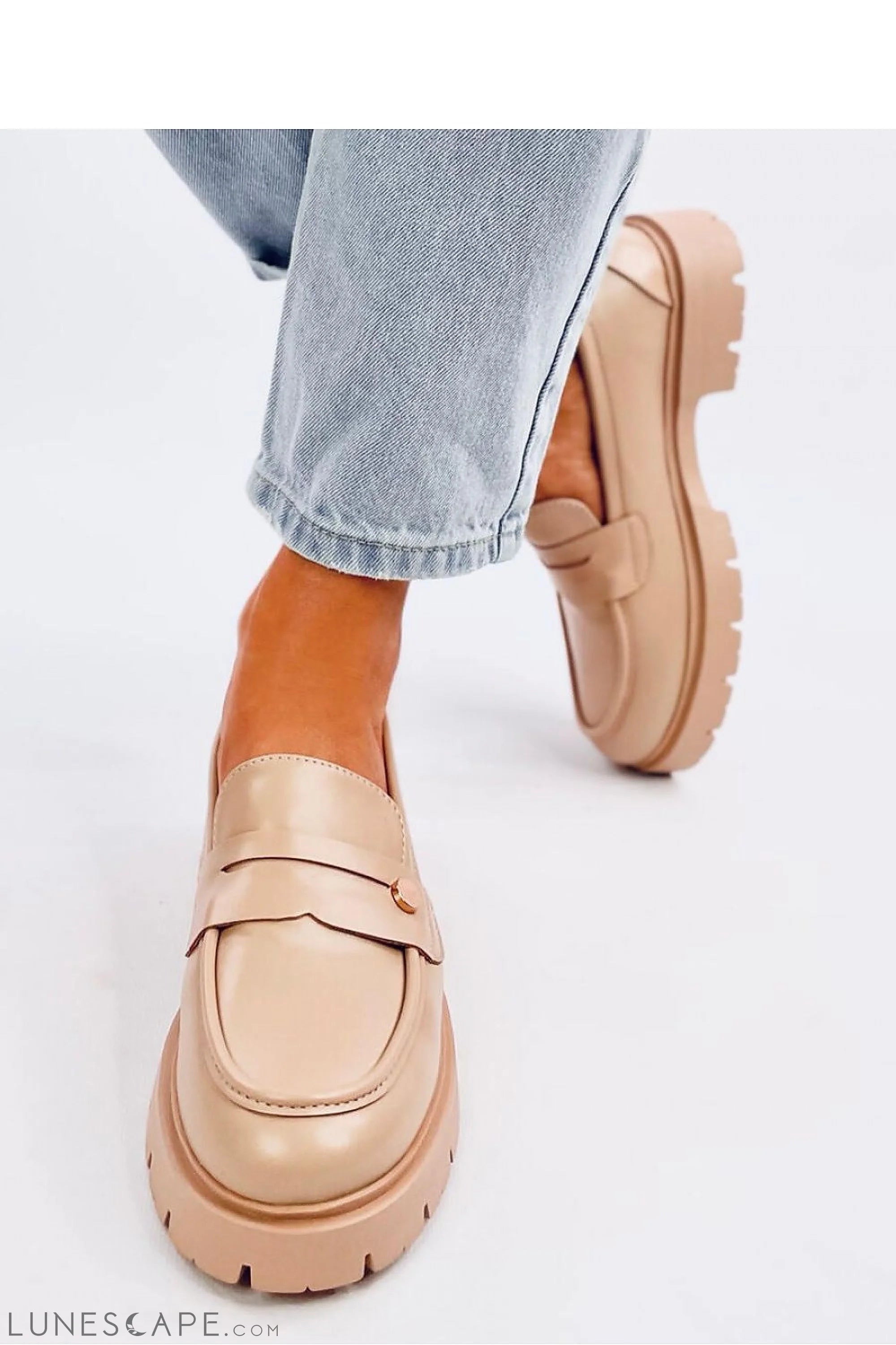 Beige Vegan Leather Chunky Penny Loafers for Women – Moc Toe with Lug Sole LUNESCAPE