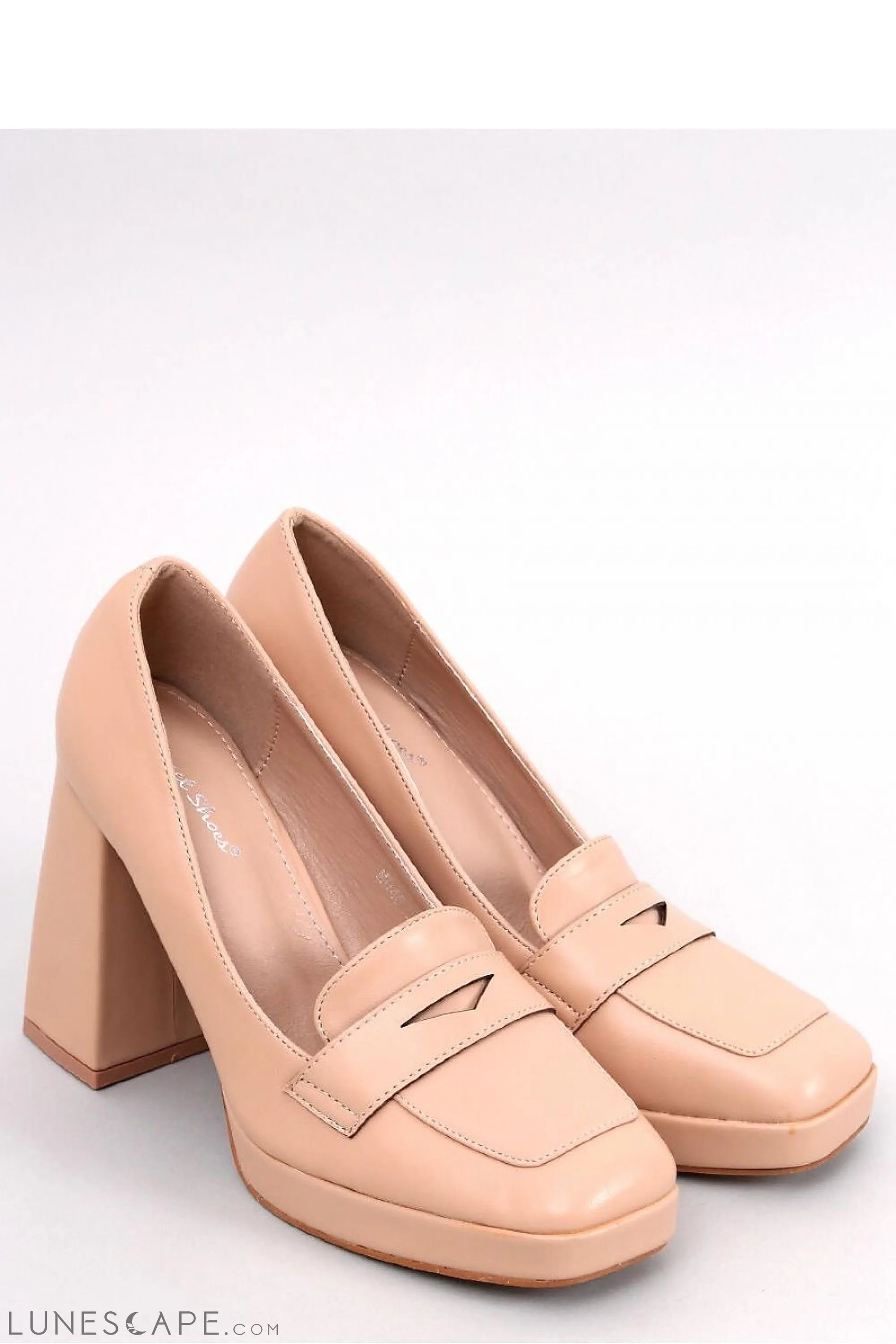 Beige Vegan Leather Penny Loafers – Women's Square Toe Block Heel & Cutout Strap LUNESCAPE