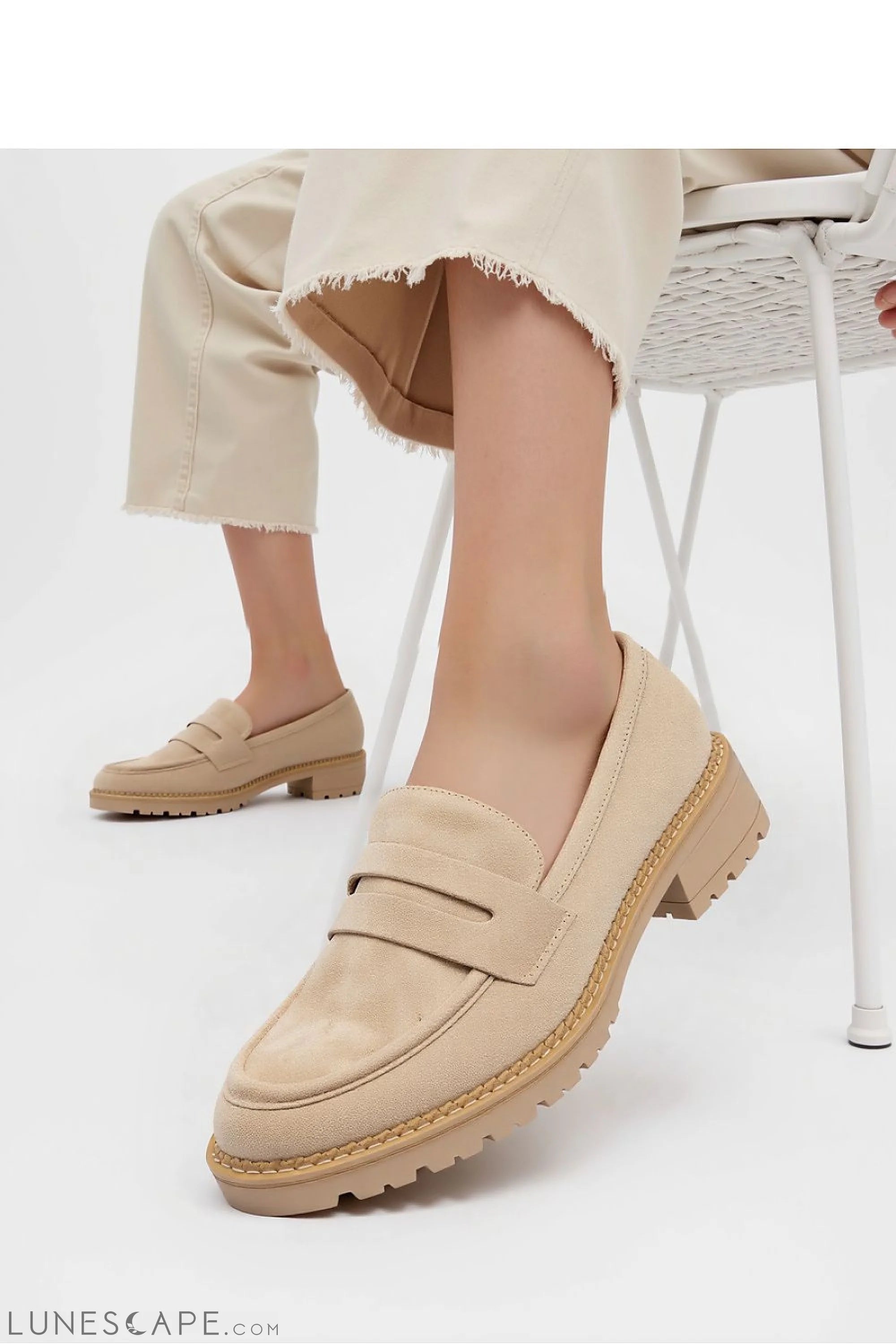 Beige Vegan Suede Penny Loafers with Chunky Sole LUNESCAPE