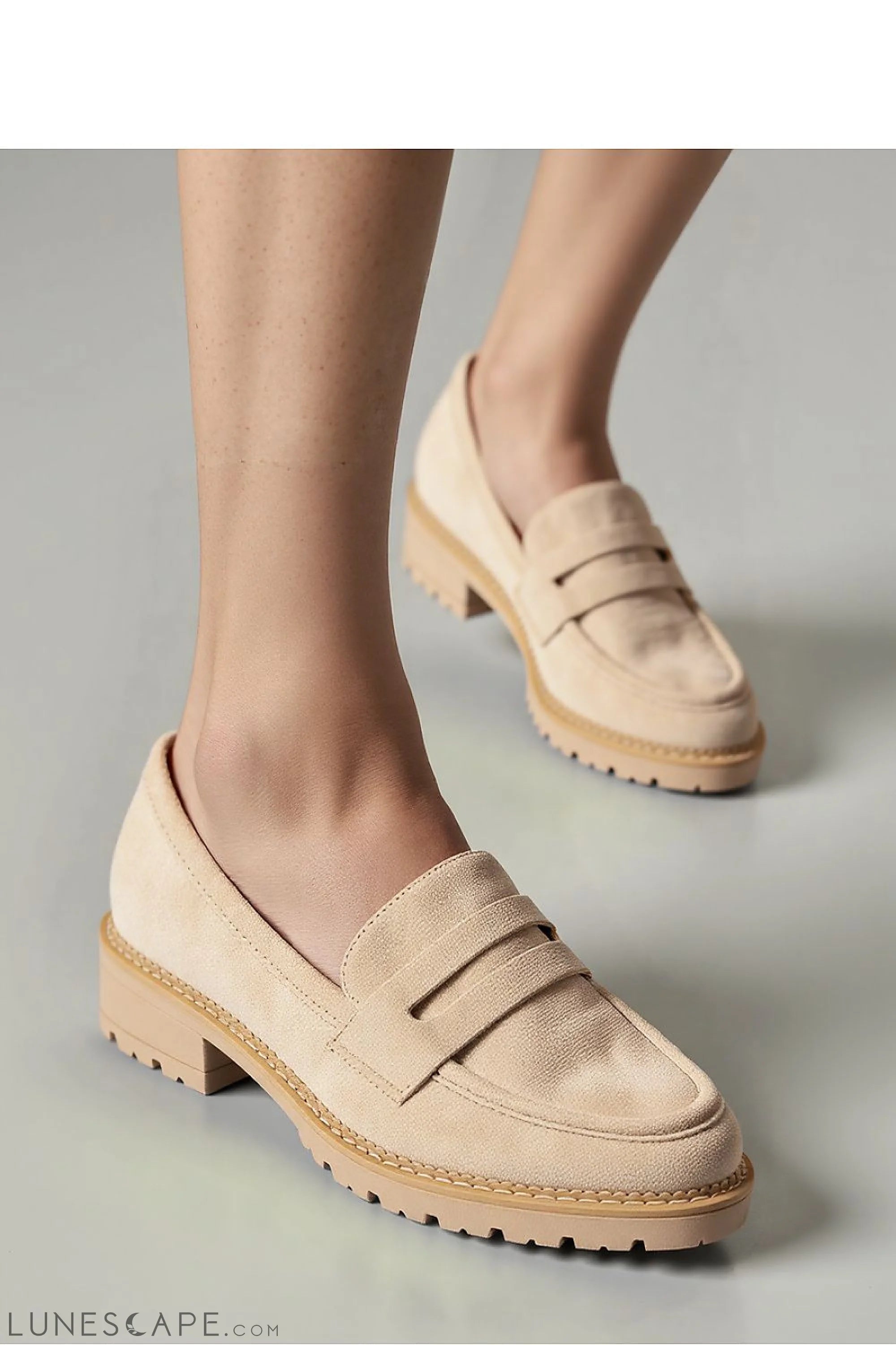 Beige Vegan Suede Penny Loafers with Chunky Sole LUNESCAPE