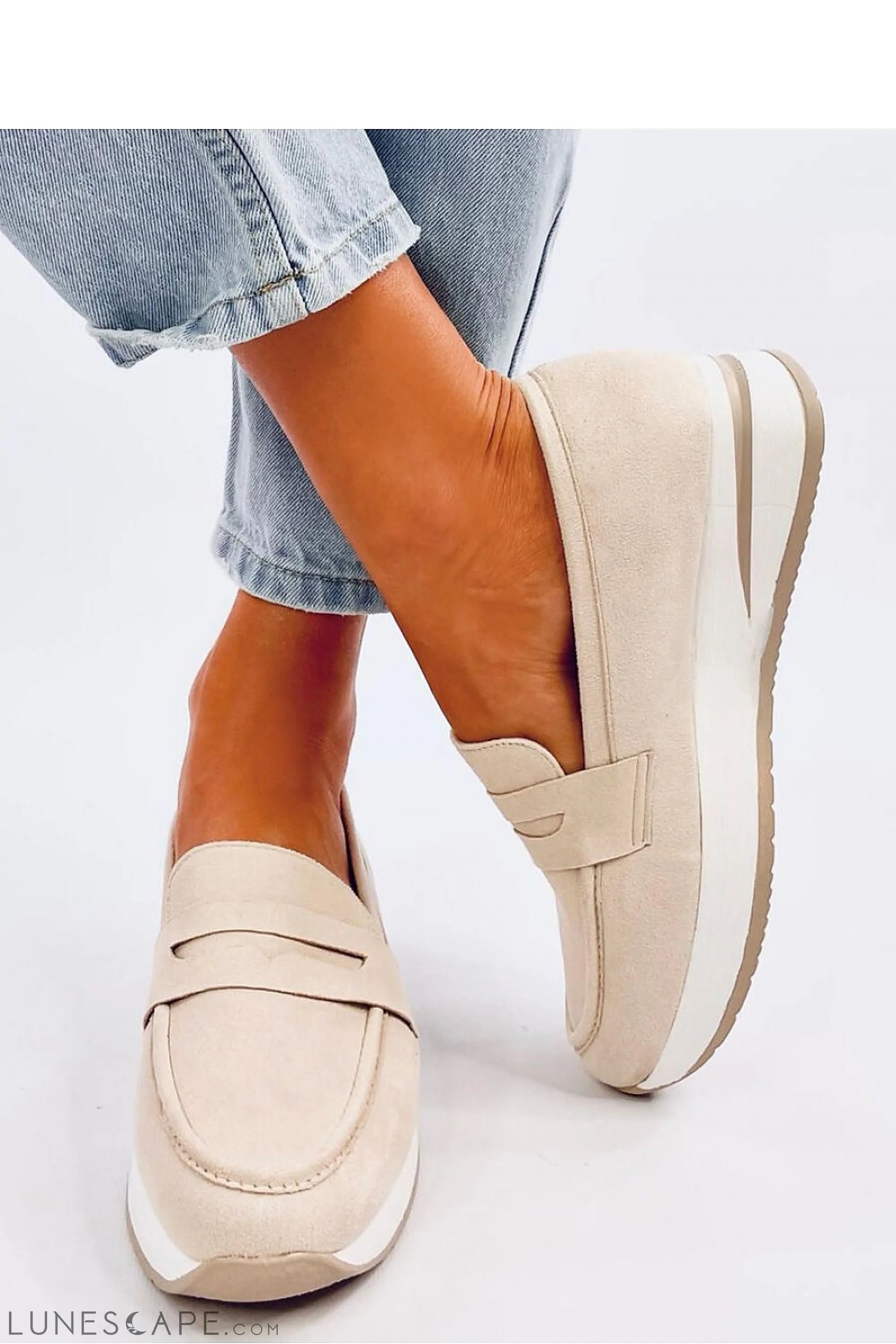 Beige Vegan Suede Platform Loafers – Women's Round Toe with Contrast Sole LUNESCAPE