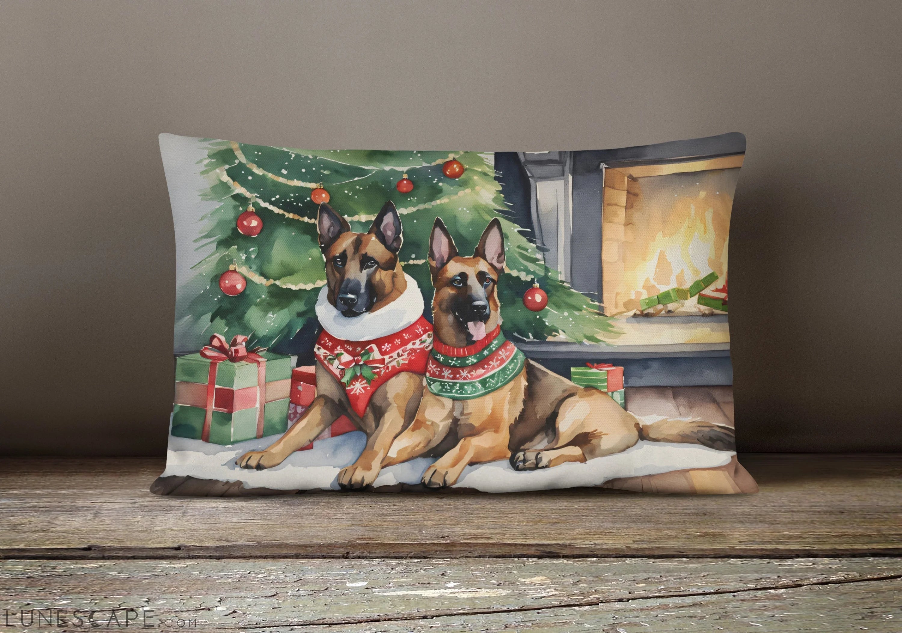 Belgian Malinois Cozy Christmas Throw Pillow LUNESCAPE