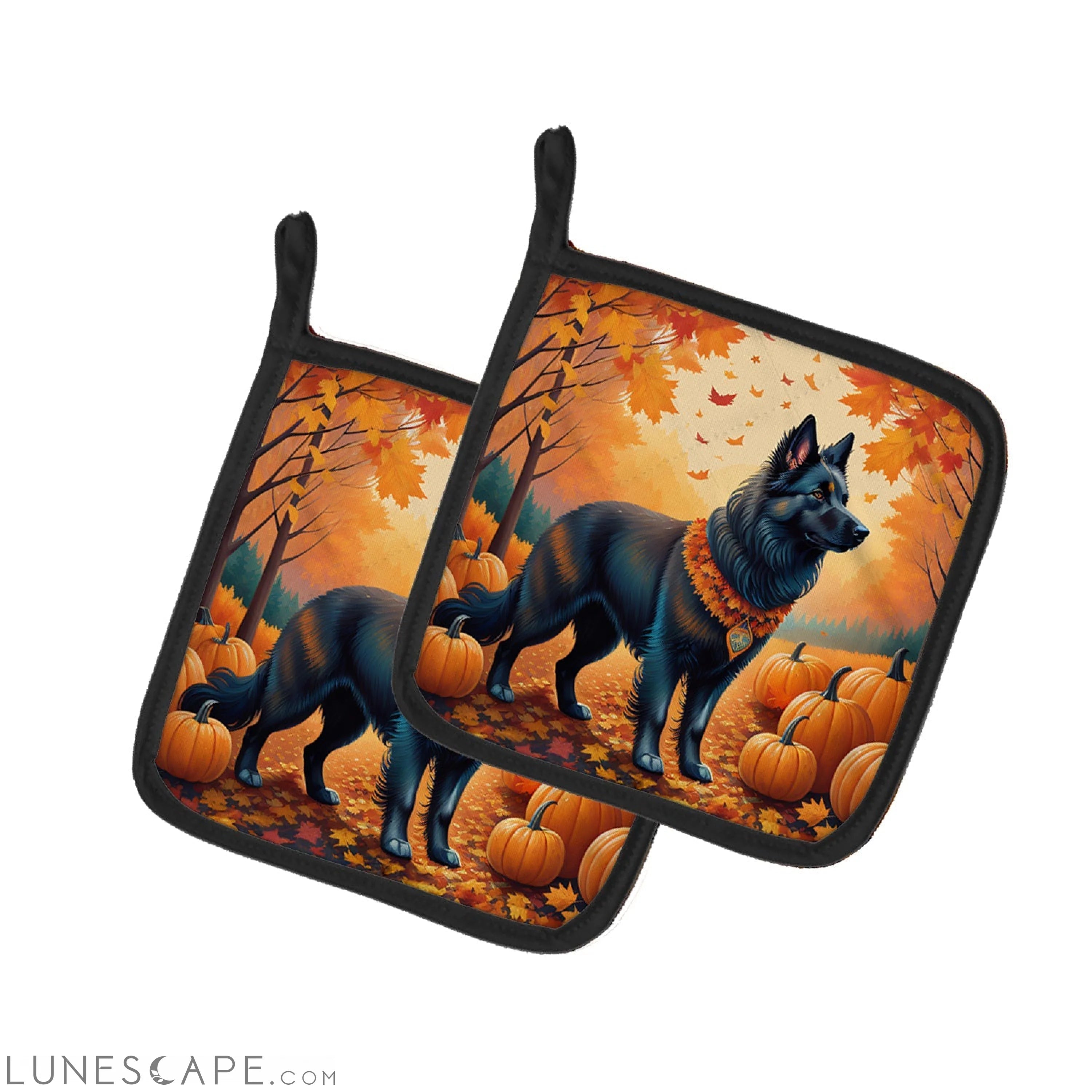 Belgian Sheepdog Fall Pair of Pot Holders LUNESCAPE