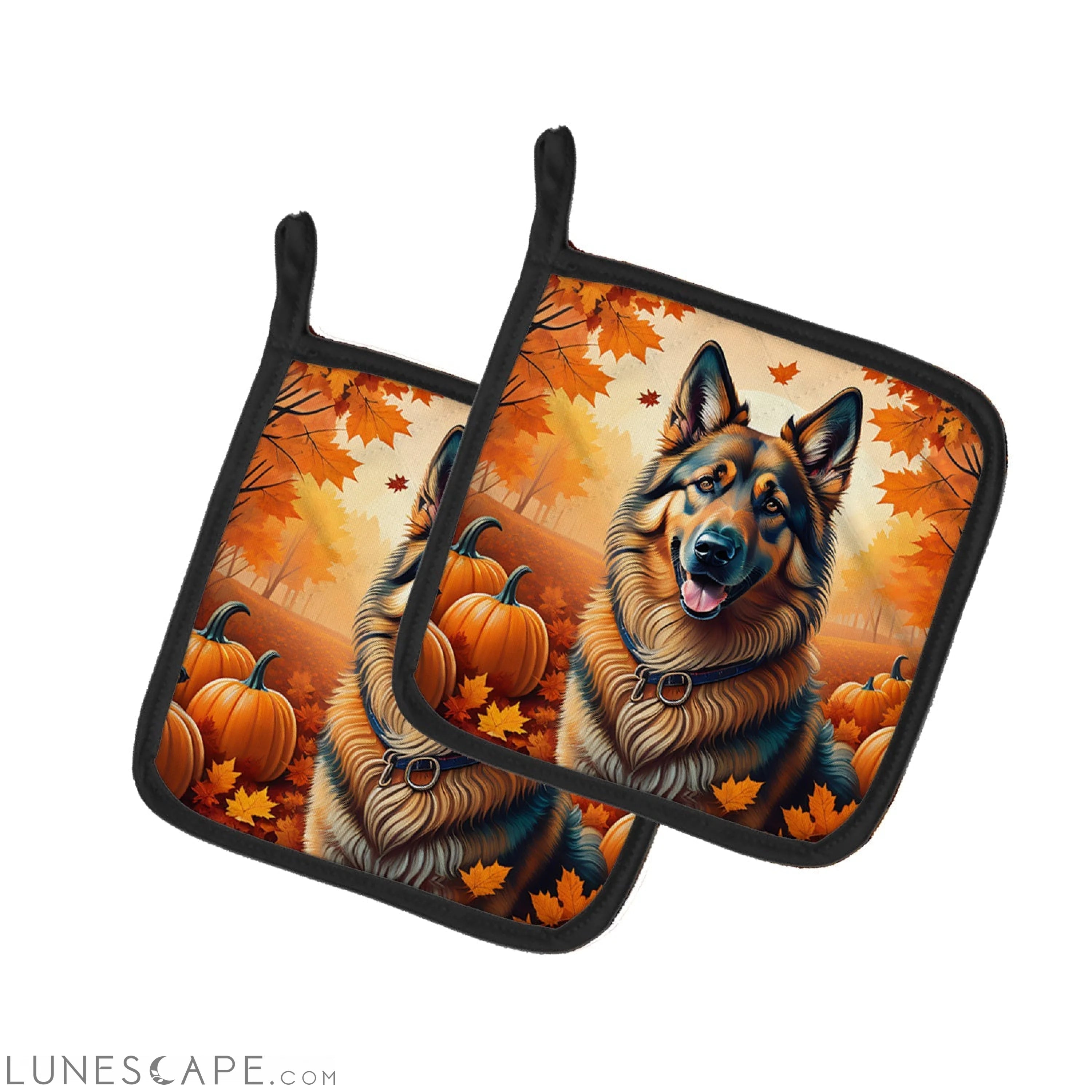 Belgian Tervuren Fall Pair of Pot Holders LUNESCAPE