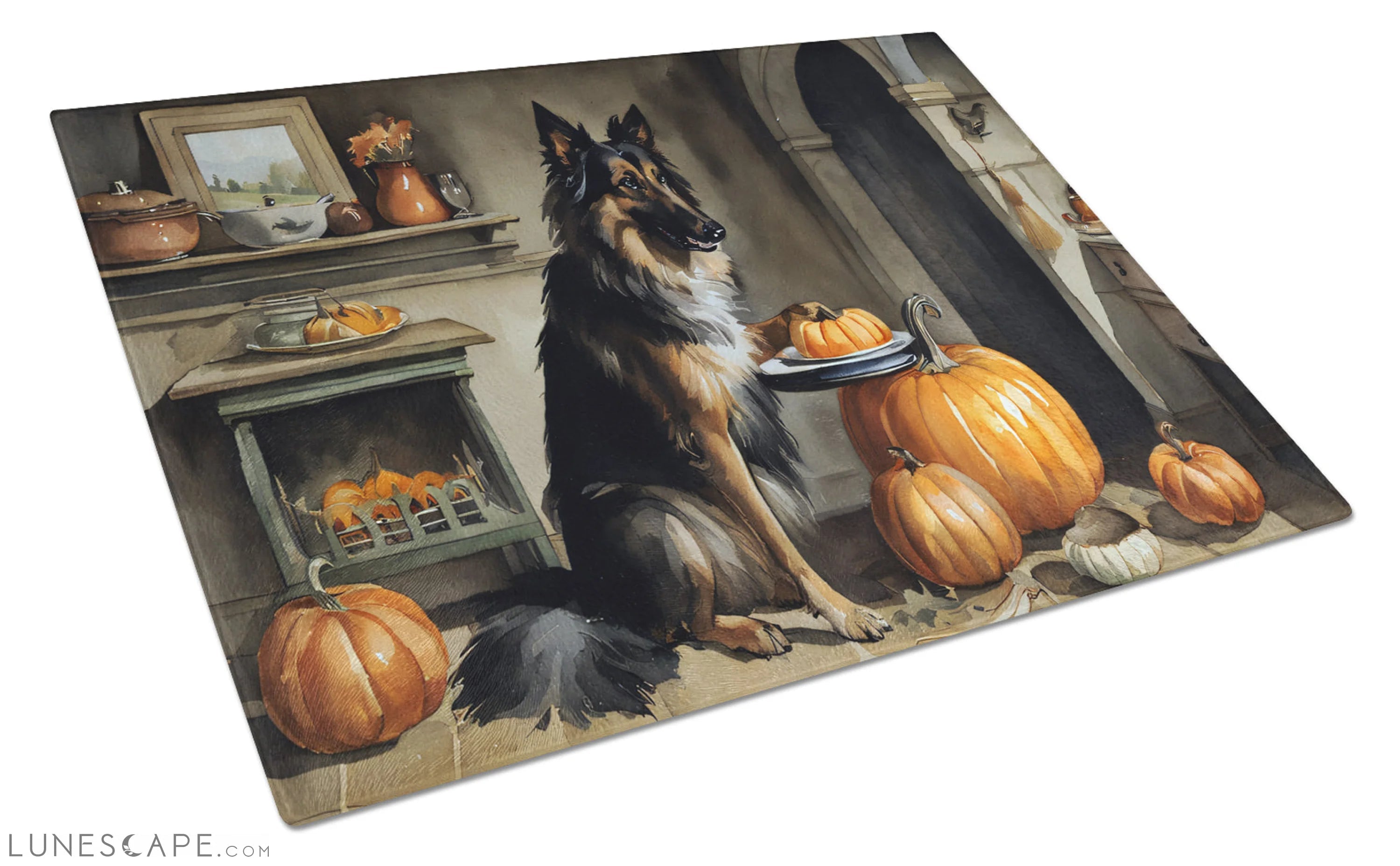 Belgian Tervuren Thanksgiving Fall Kitchen Pumpkins Glass Cutting Board LUNESCAPE