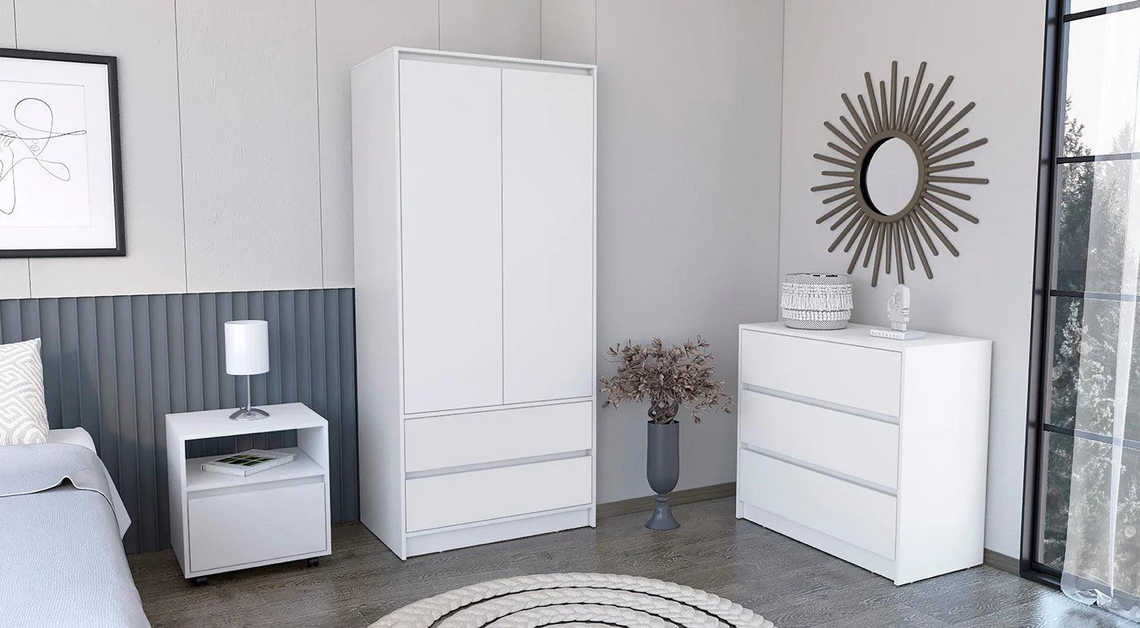 Beloit 3 Piece Bedroom Set, Nightstand + Dresser+ Armoire, White LUNESCAPE