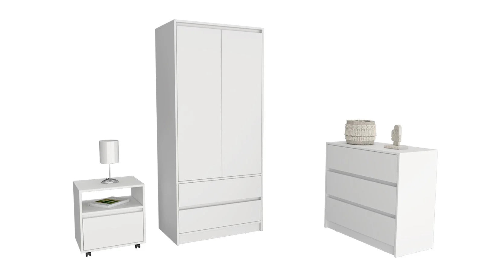 Beloit 3 Piece Bedroom Set, Nightstand + Dresser+ Armoire, White LUNESCAPE