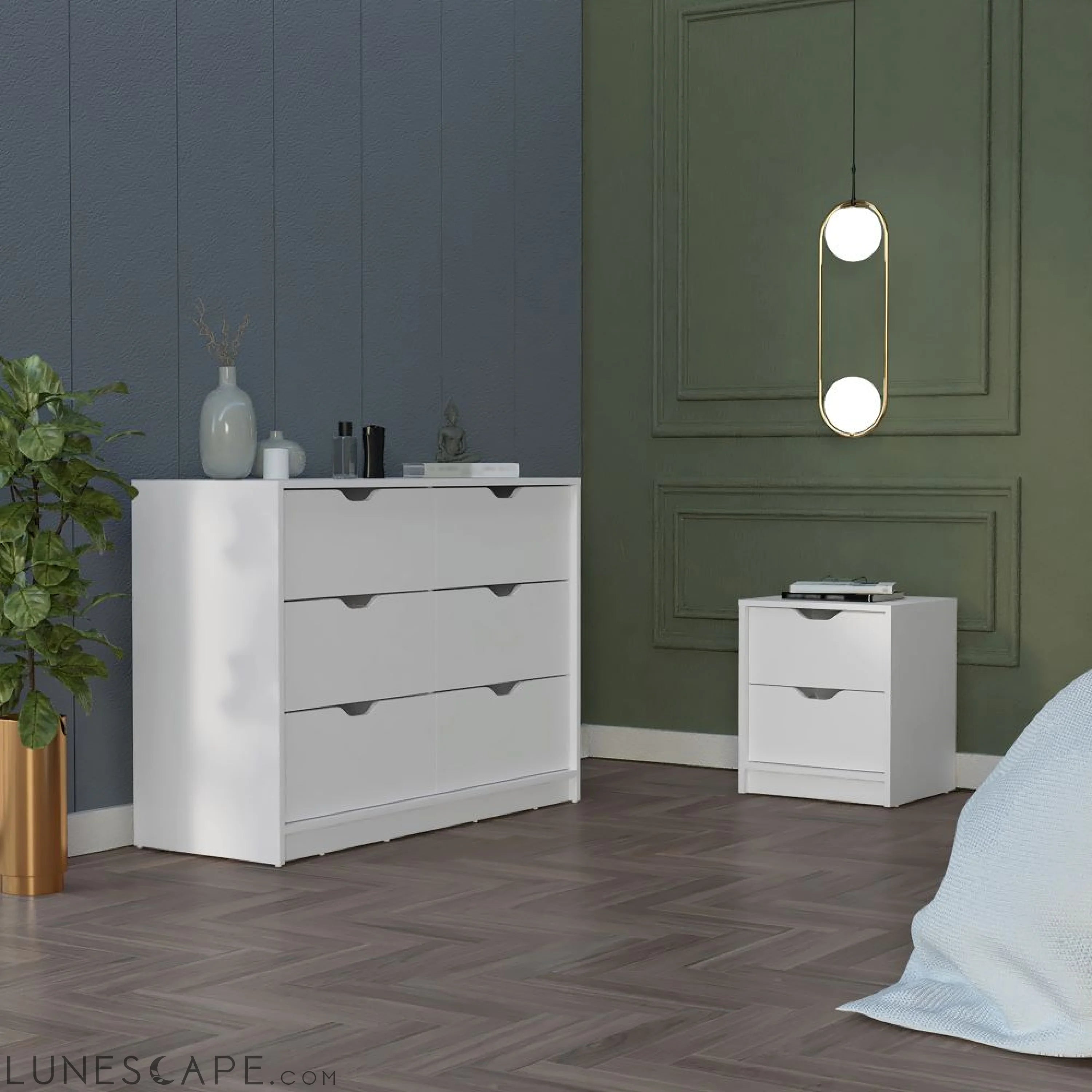 Bennett 2 Piece Bedroom Set, Nightstand + Dresser, White Finish LUNESCAPE