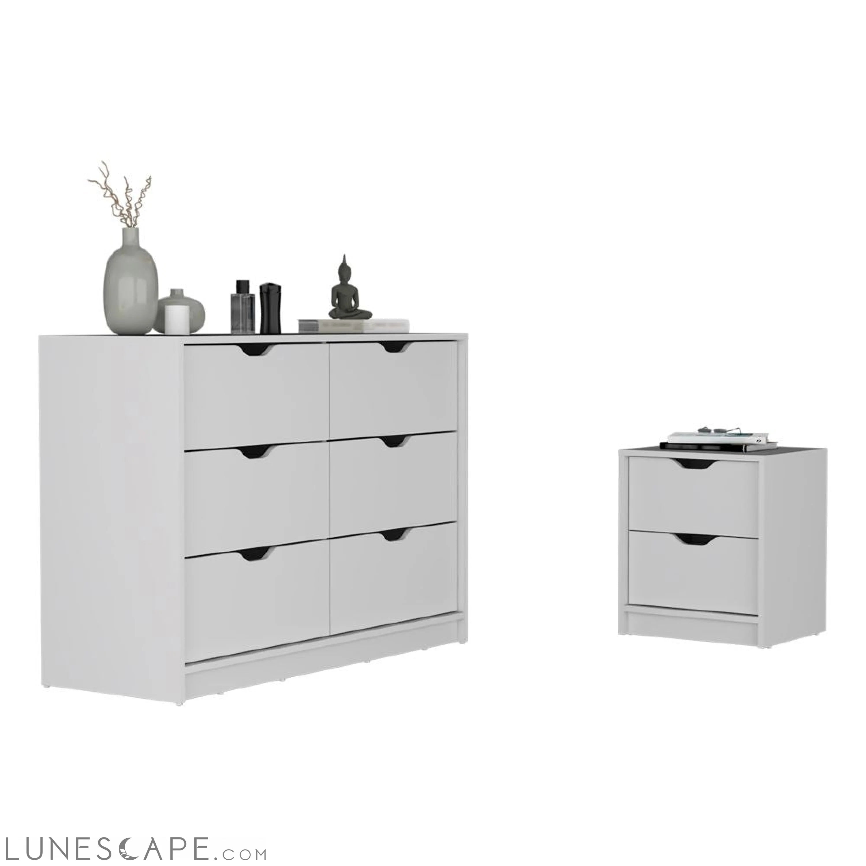 Bennett 2 Piece Bedroom Set, Nightstand + Dresser, White Finish LUNESCAPE