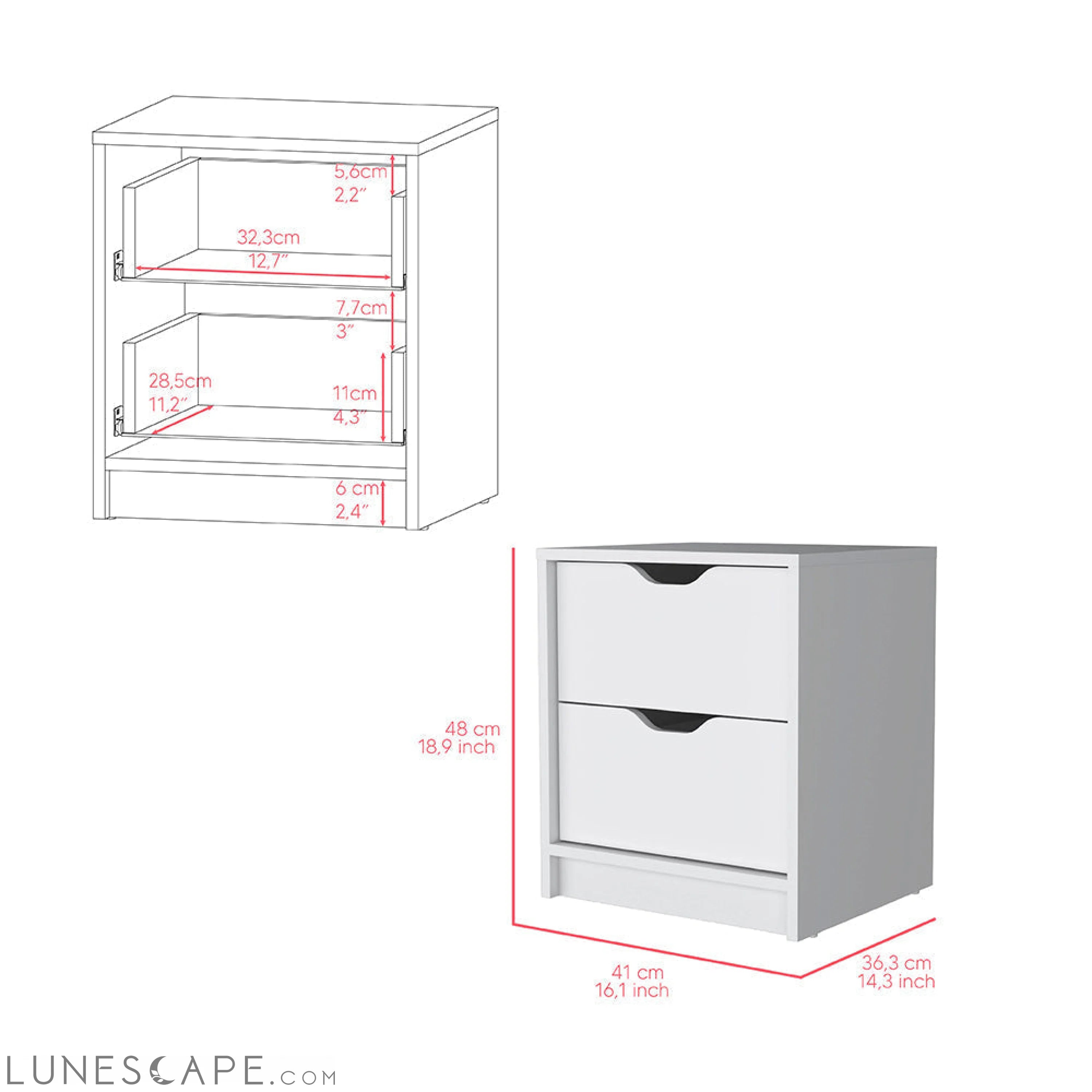 Bennett 2 Piece Bedroom Set, Nightstand + Dresser, White Finish LUNESCAPE