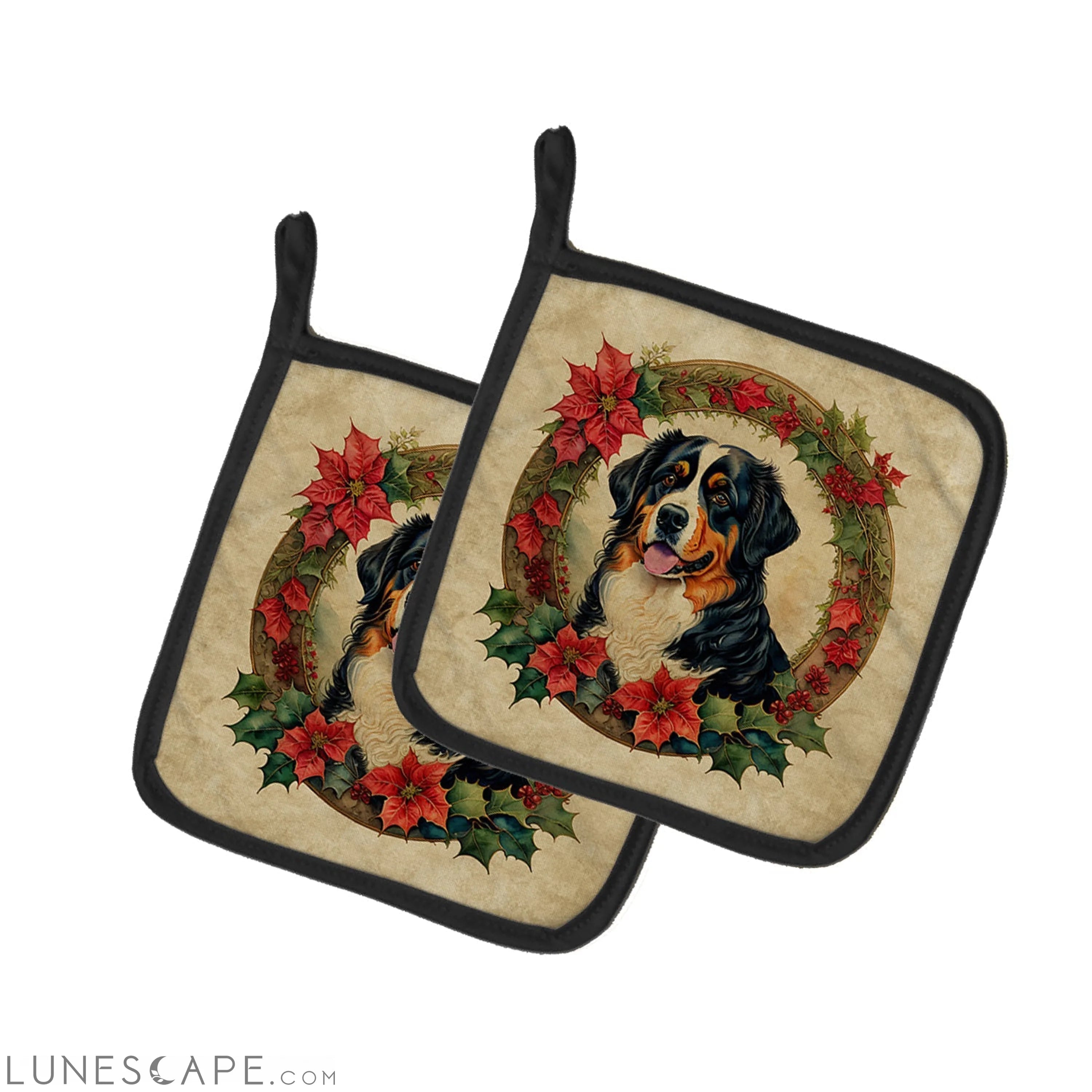 Bernese Mountain Dog Christmas Flowers Pair of Pot Holders LUNESCAPE