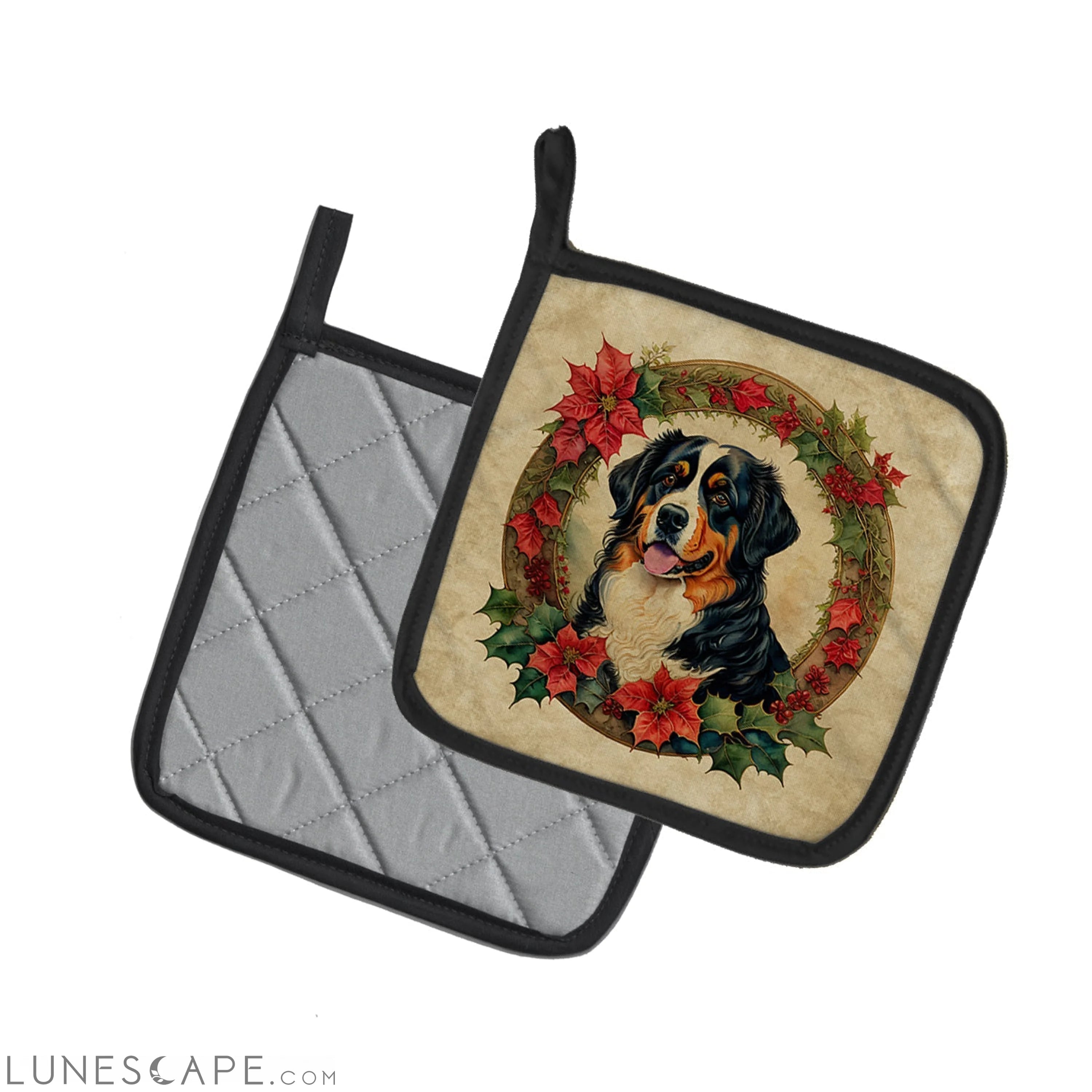 Bernese Mountain Dog Christmas Flowers Pair of Pot Holders LUNESCAPE