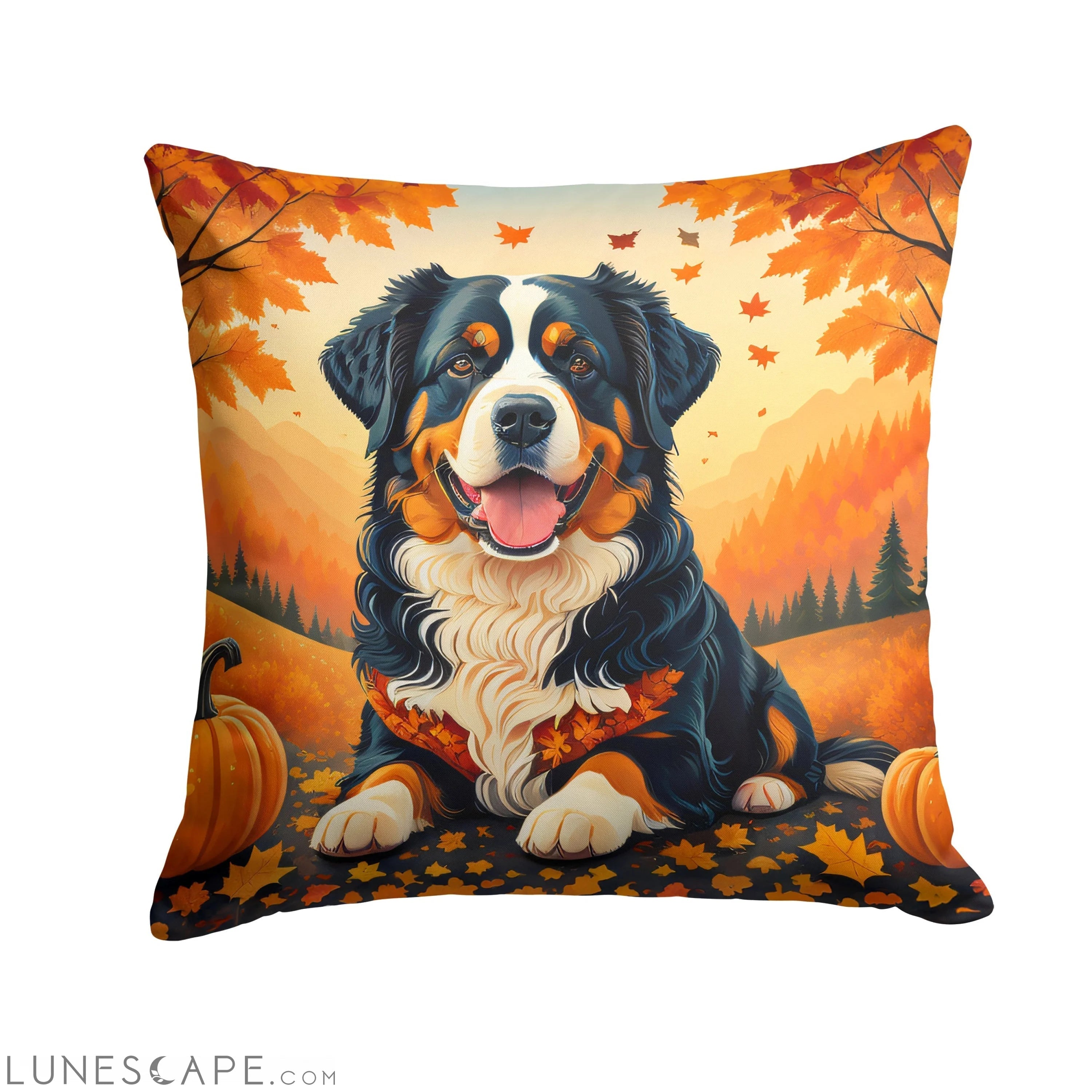 Bernese Mountain Dog Fall Throw Pillow LUNESCAPE