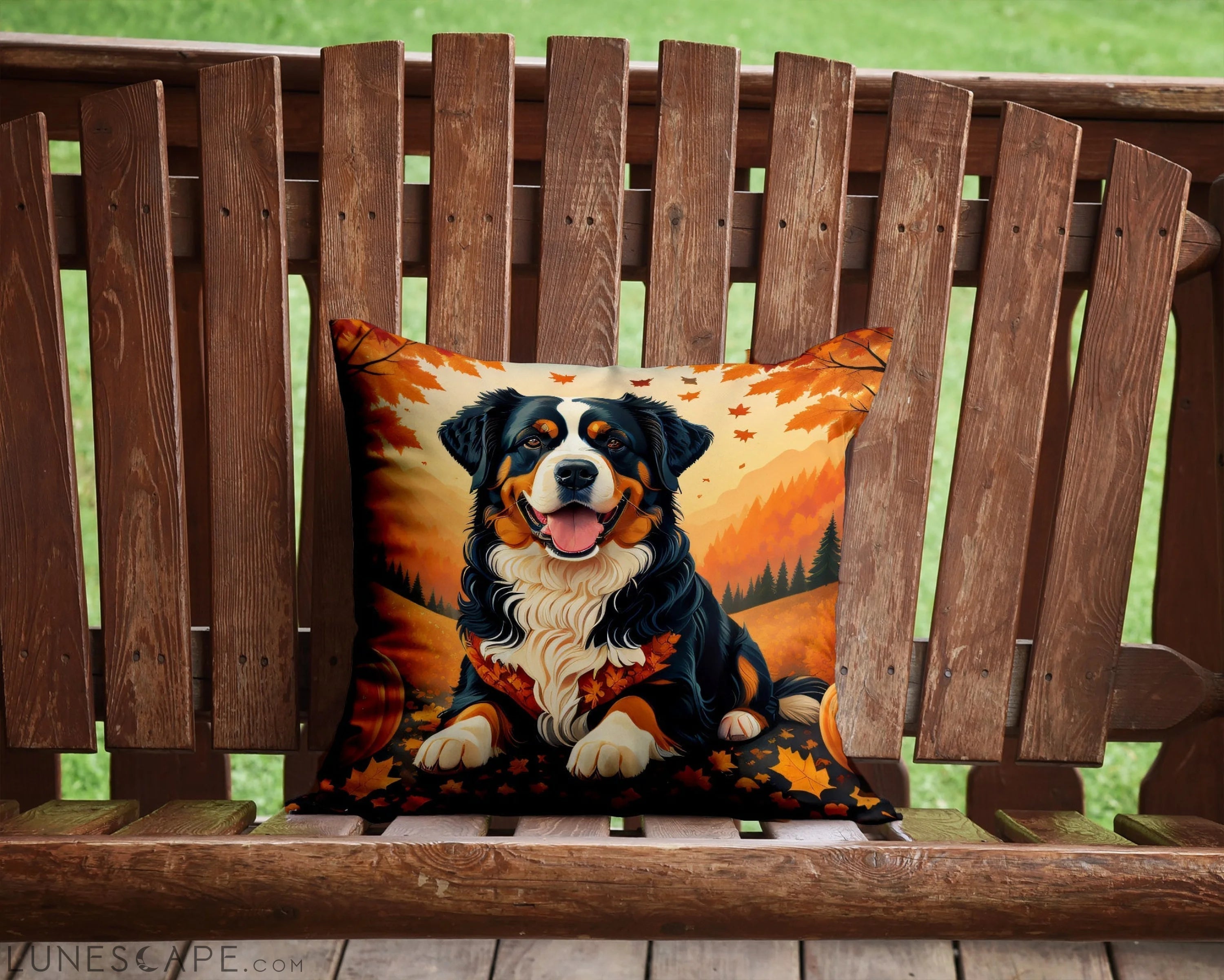 Bernese Mountain Dog Fall Throw Pillow LUNESCAPE