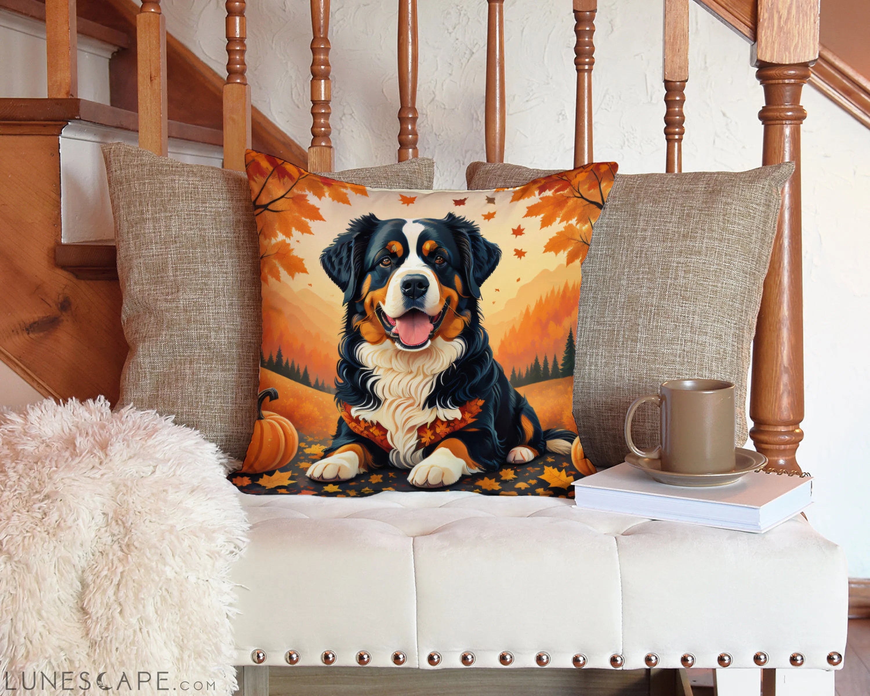 Bernese Mountain Dog Fall Throw Pillow LUNESCAPE