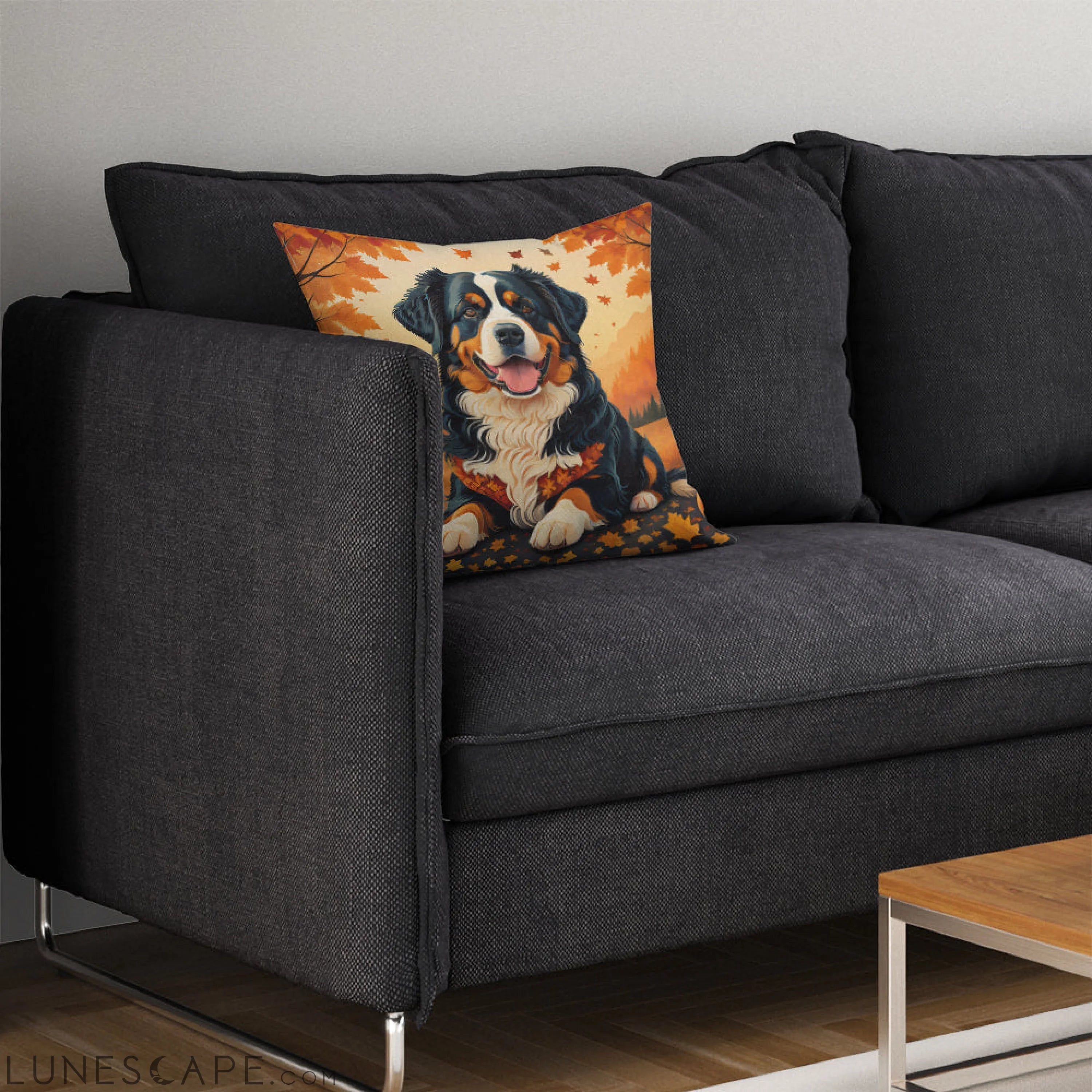 Bernese Mountain Dog Fall Throw Pillow LUNESCAPE