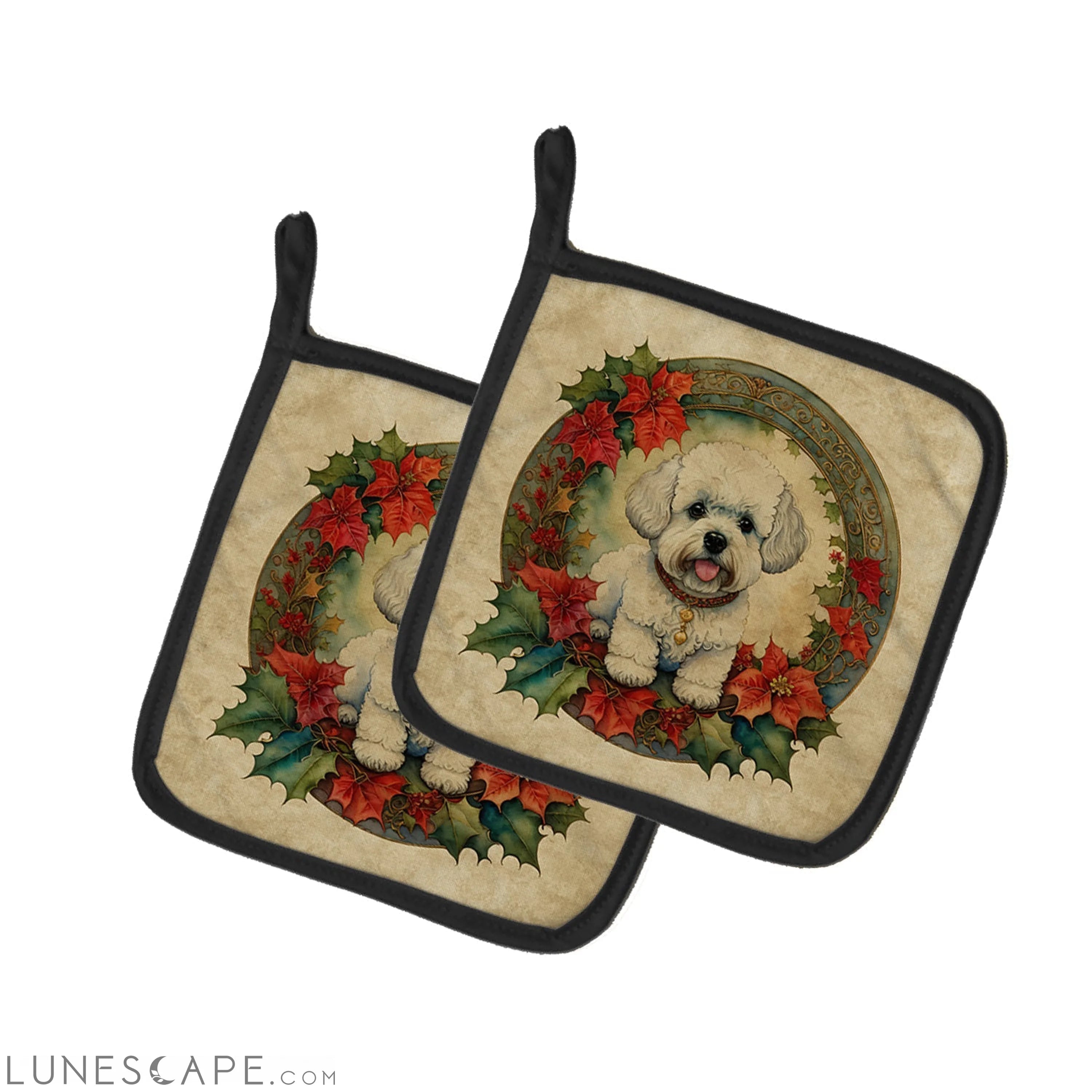 Bichon Frise Christmas Flowers Pair of Pot Holders LUNESCAPE