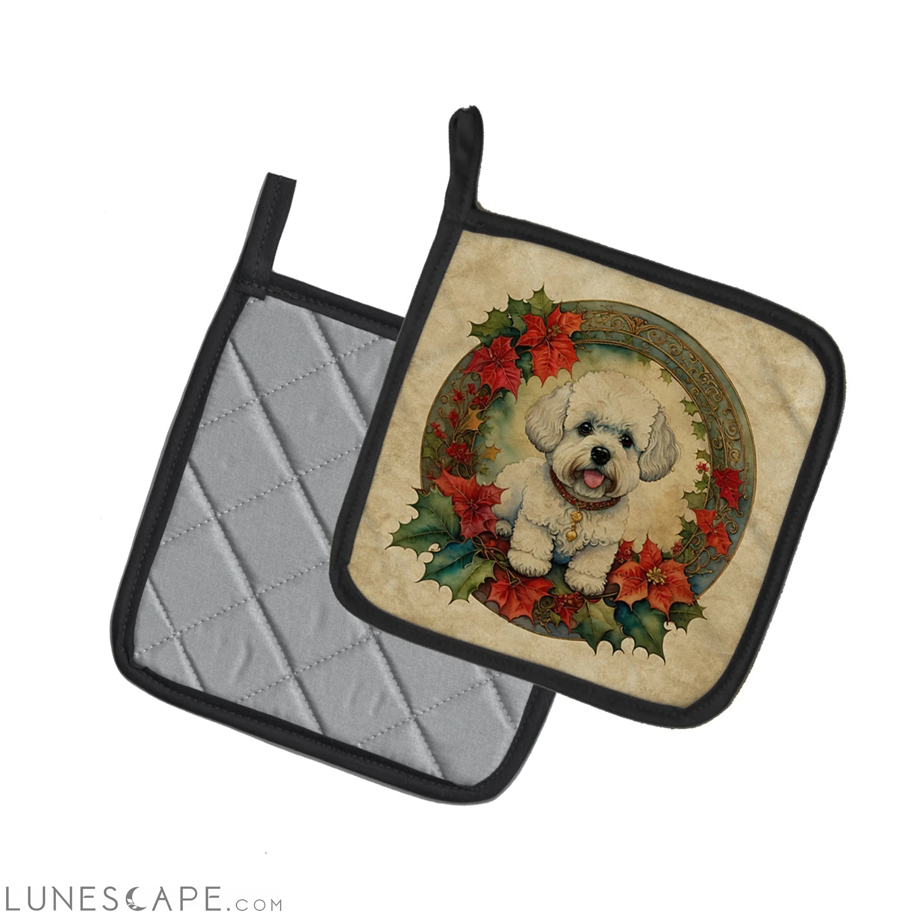 Bichon Frise Christmas Flowers Pair of Pot Holders LUNESCAPE