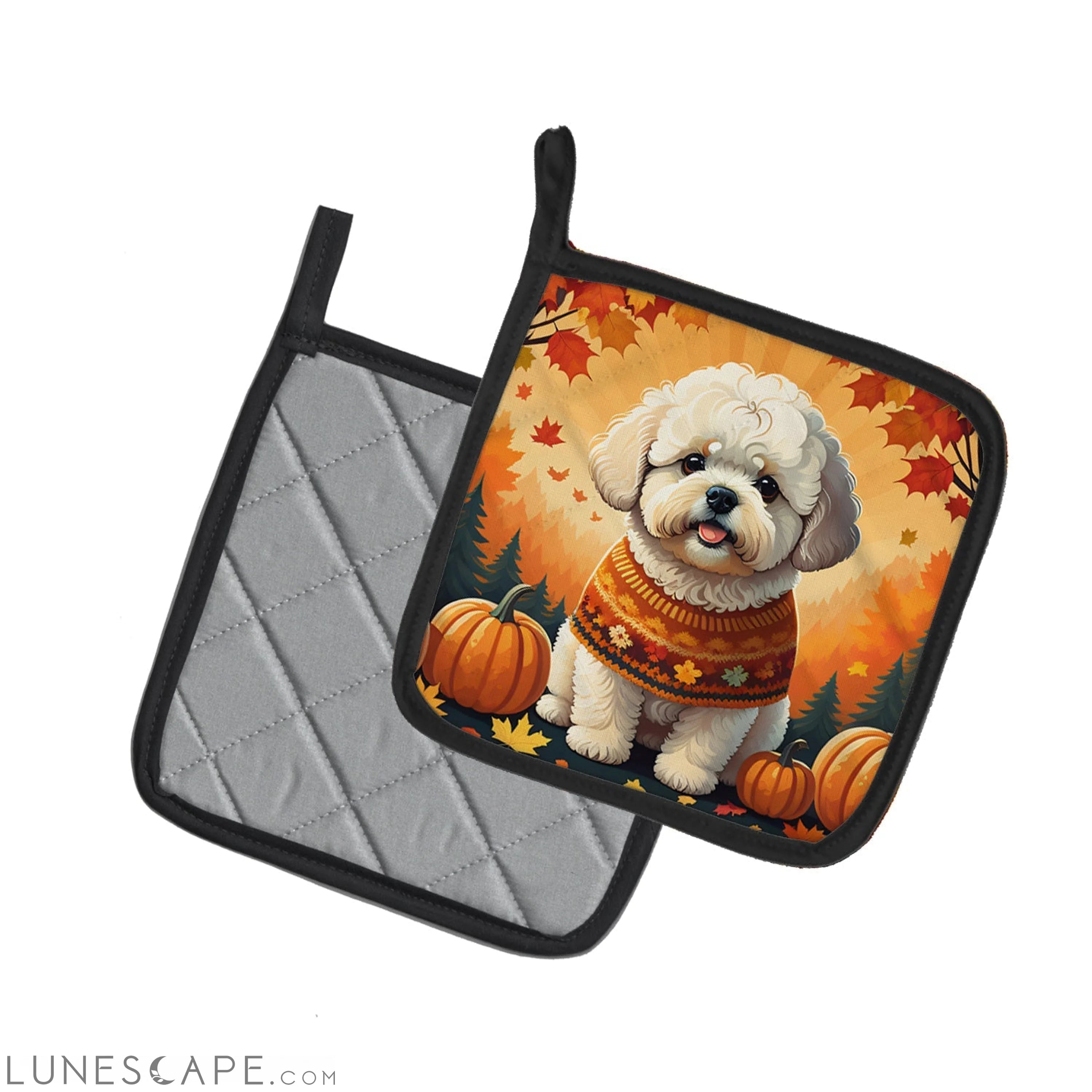 Bichon Frise Fall Pair of Pot Holders LUNESCAPE