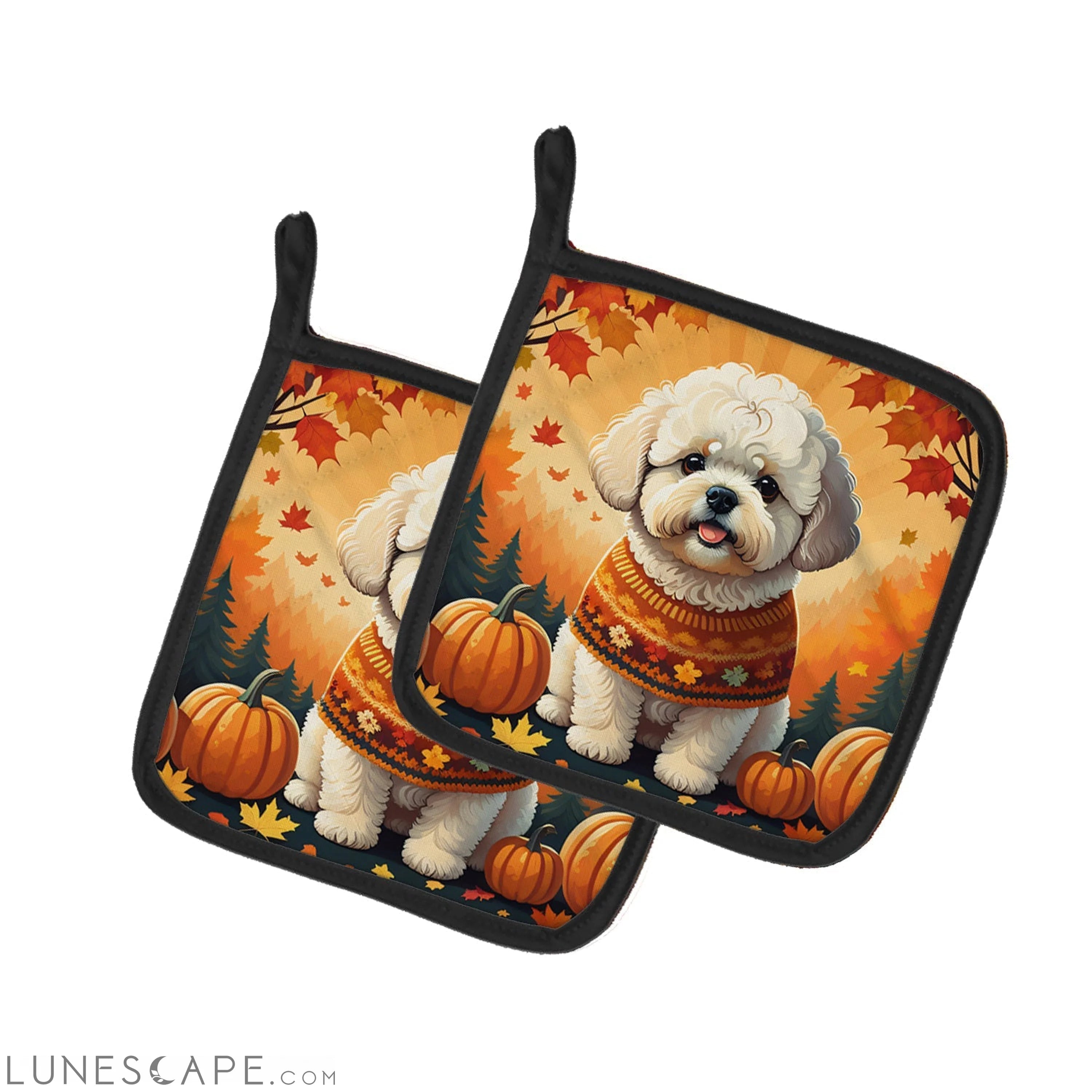 Bichon Frise Fall Pair of Pot Holders LUNESCAPE