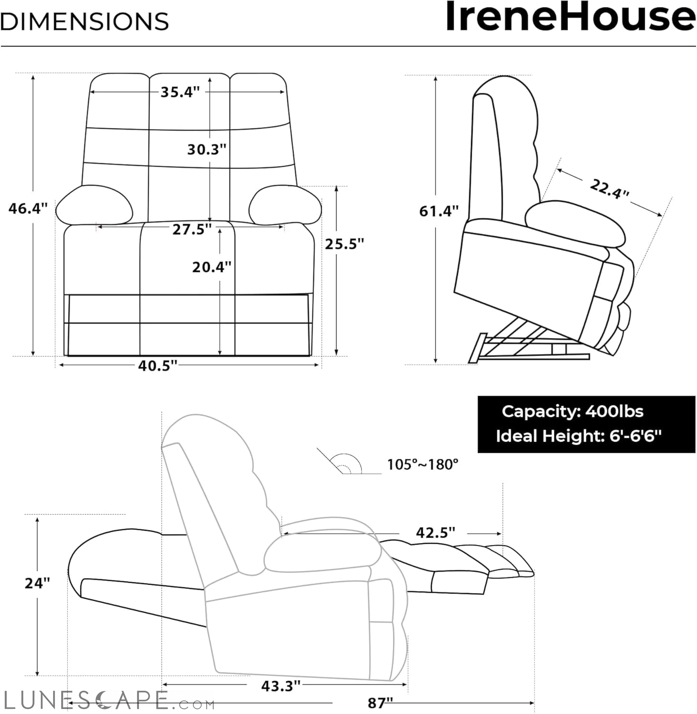 Big Tall Man Power Lay Flat Lift Recliner Extra Large Oversized Wide LUNESCAPE