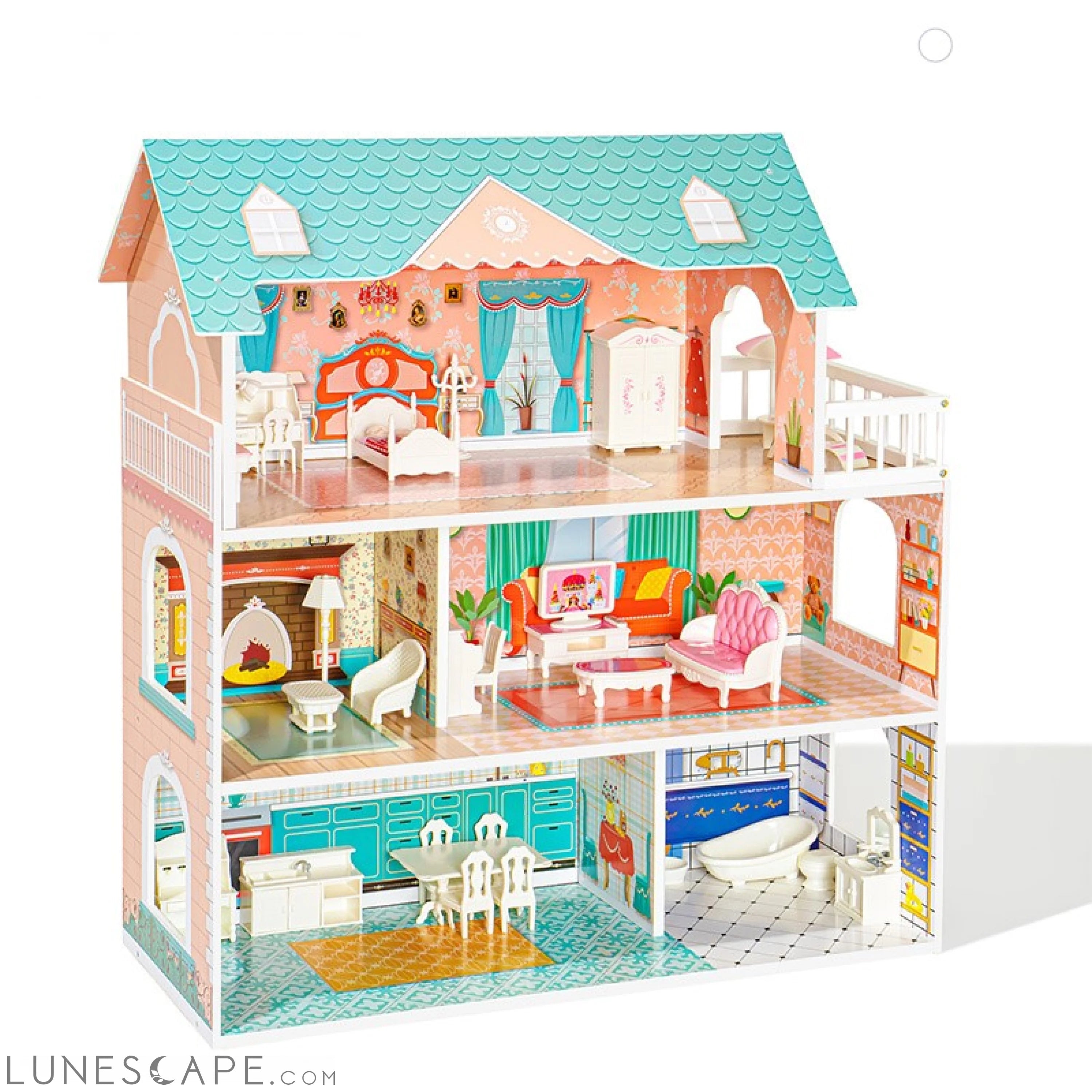 Big Wooden Dollhouse with Furniture Doll House Play Set LUNESCAPE