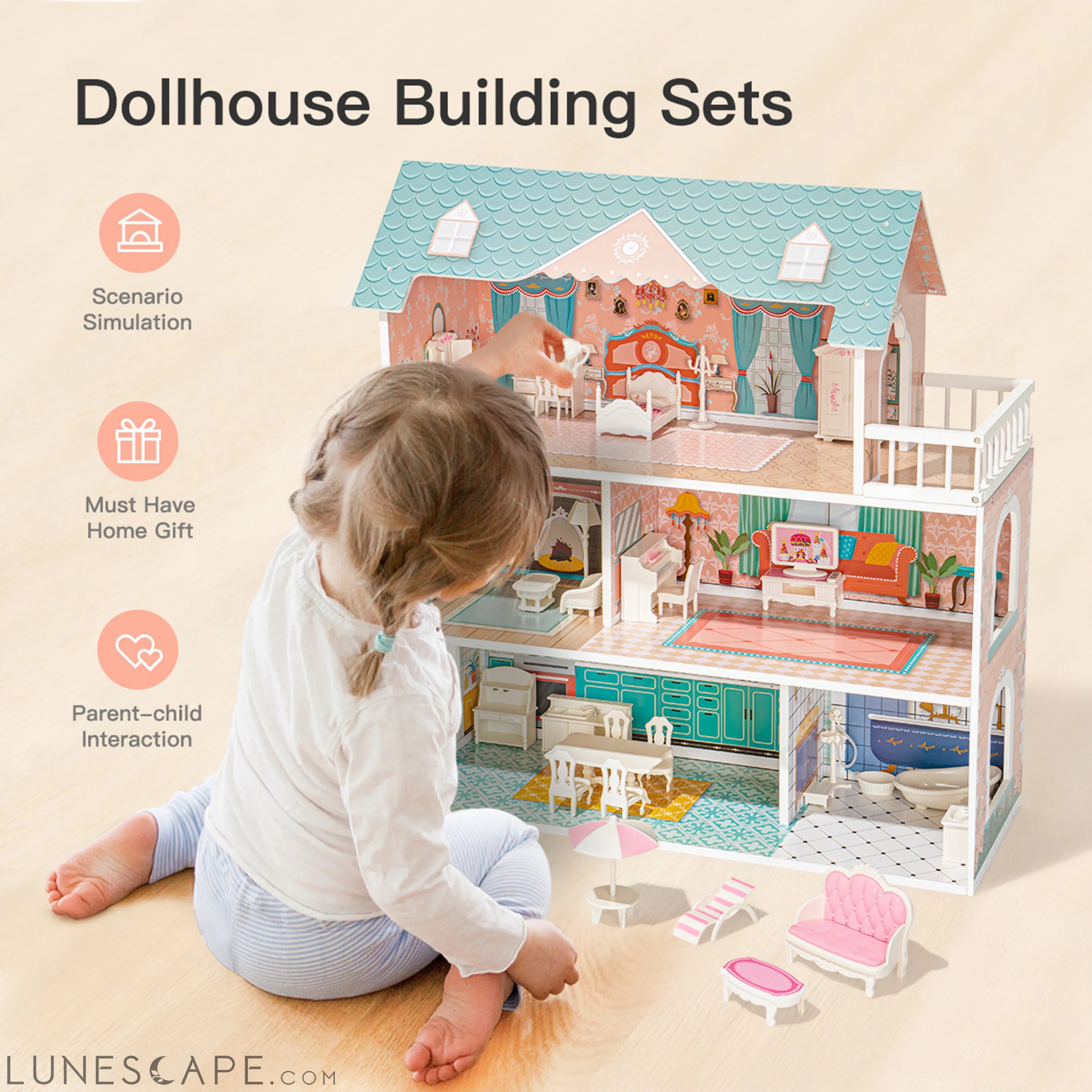 Big Wooden Dollhouse with Furniture Doll House Play Set LUNESCAPE