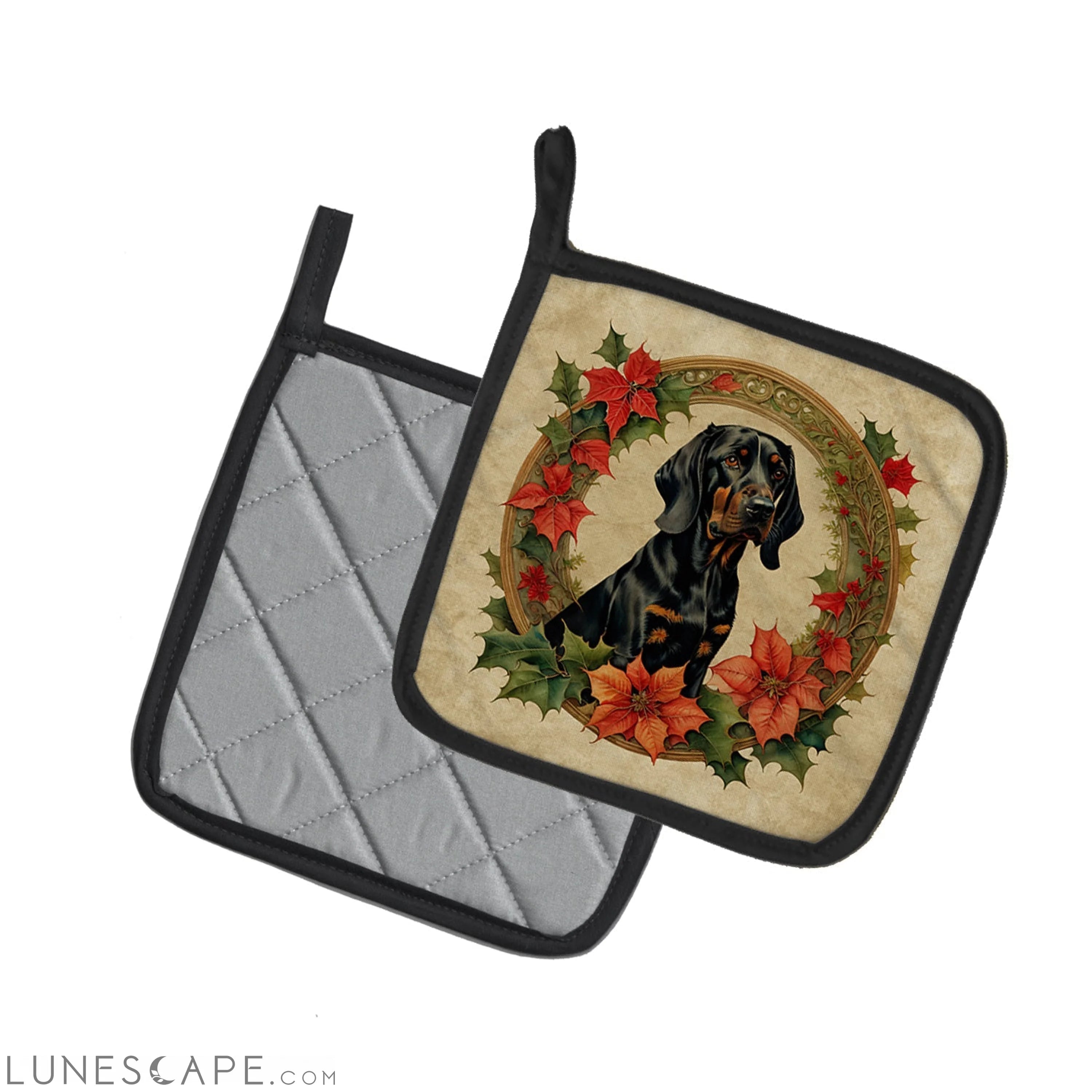 Black and Tan Coonhound Christmas Flowers Pair of Pot Holders LUNESCAPE