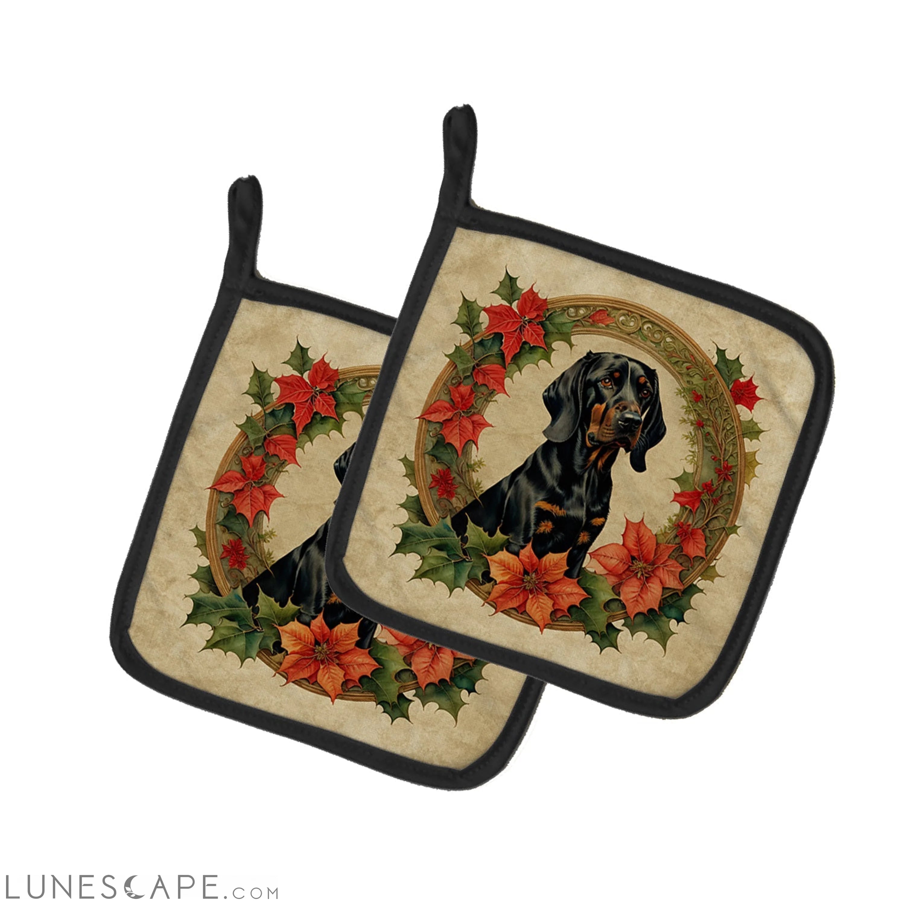 Black and Tan Coonhound Christmas Flowers Pair of Pot Holders LUNESCAPE