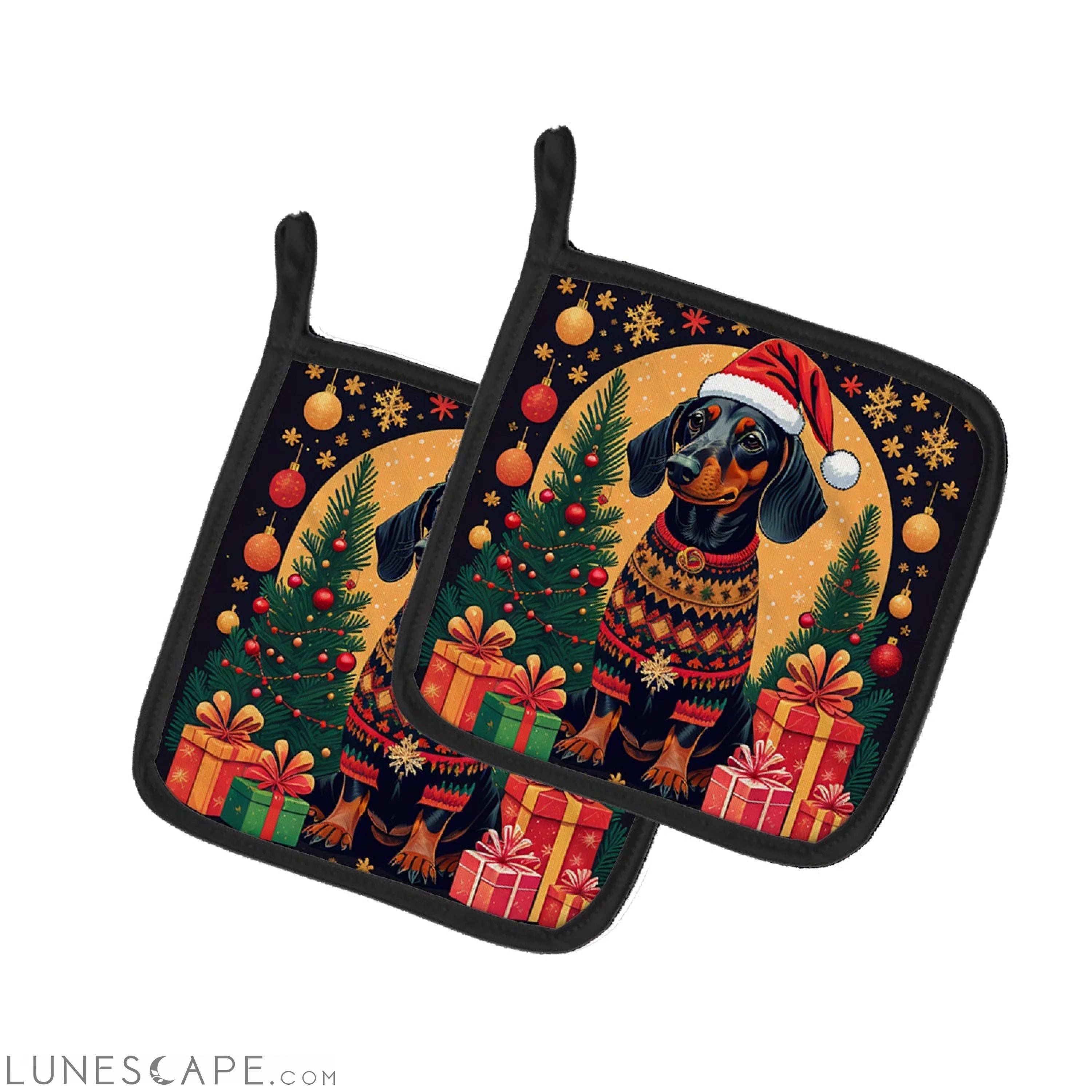 Black and Tan Dachshund Christmas Pair of Pot Holders LUNESCAPE